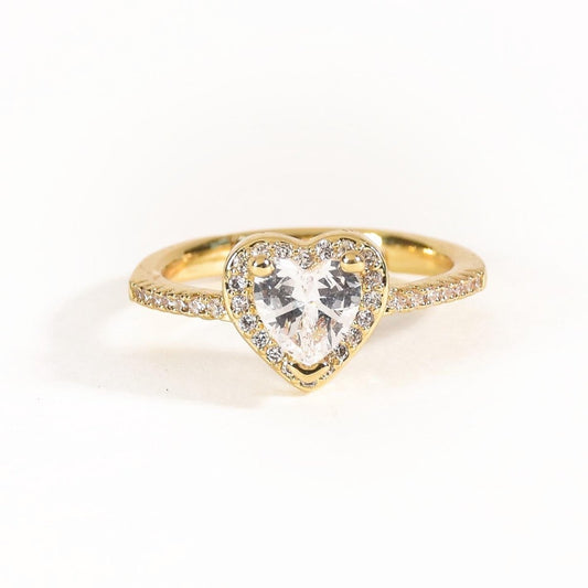 Elegant golden heart diamond ring with sparkling halo detailing and an adjustable anti-tarnish finish, perfect for timeless elegance, romantic styling, and sophisticated everyday wear.
