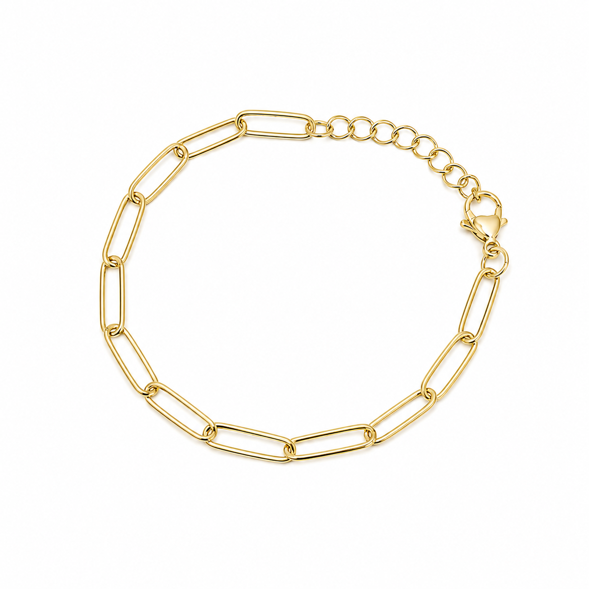 Gold elongated link chain bracelet with adjustable extension and lobster clasp on a white background.