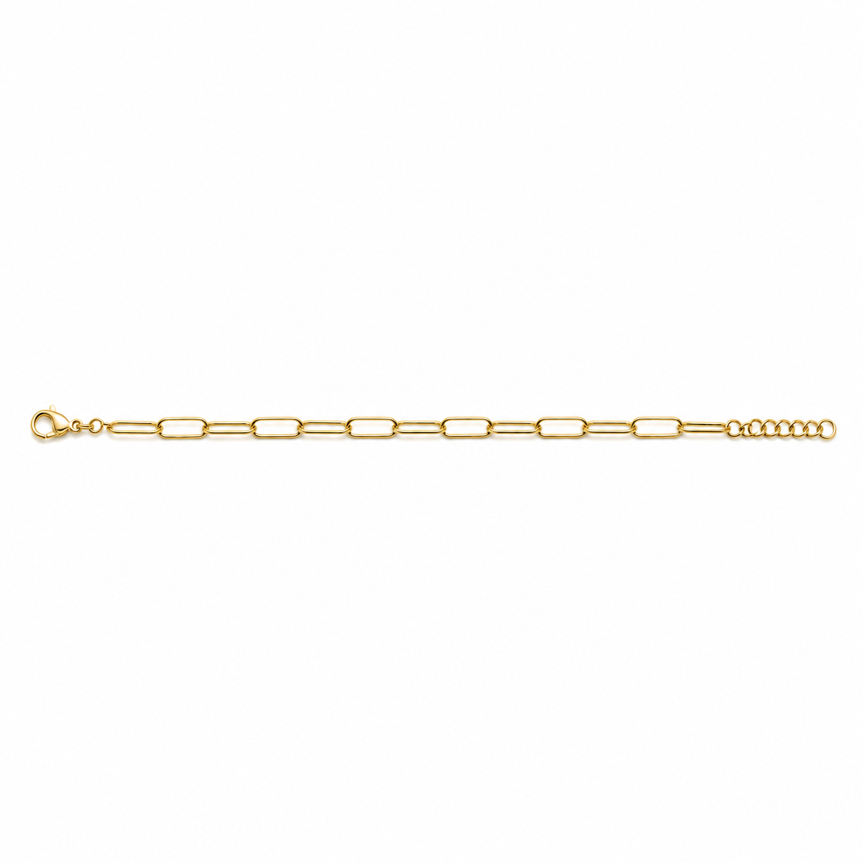 Gold elongated link chain bracelet laid flat, featuring alternating rectangular links, adjustable extension chain, and lobster clasp on a white background.