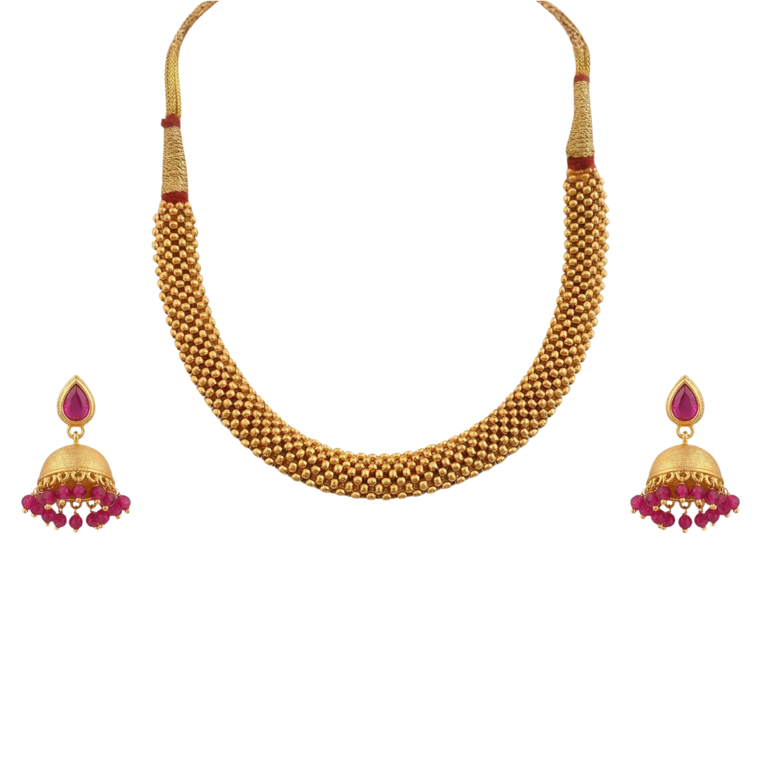 Gold temple bead necklace set with dense collar design and matching jhumka earrings
