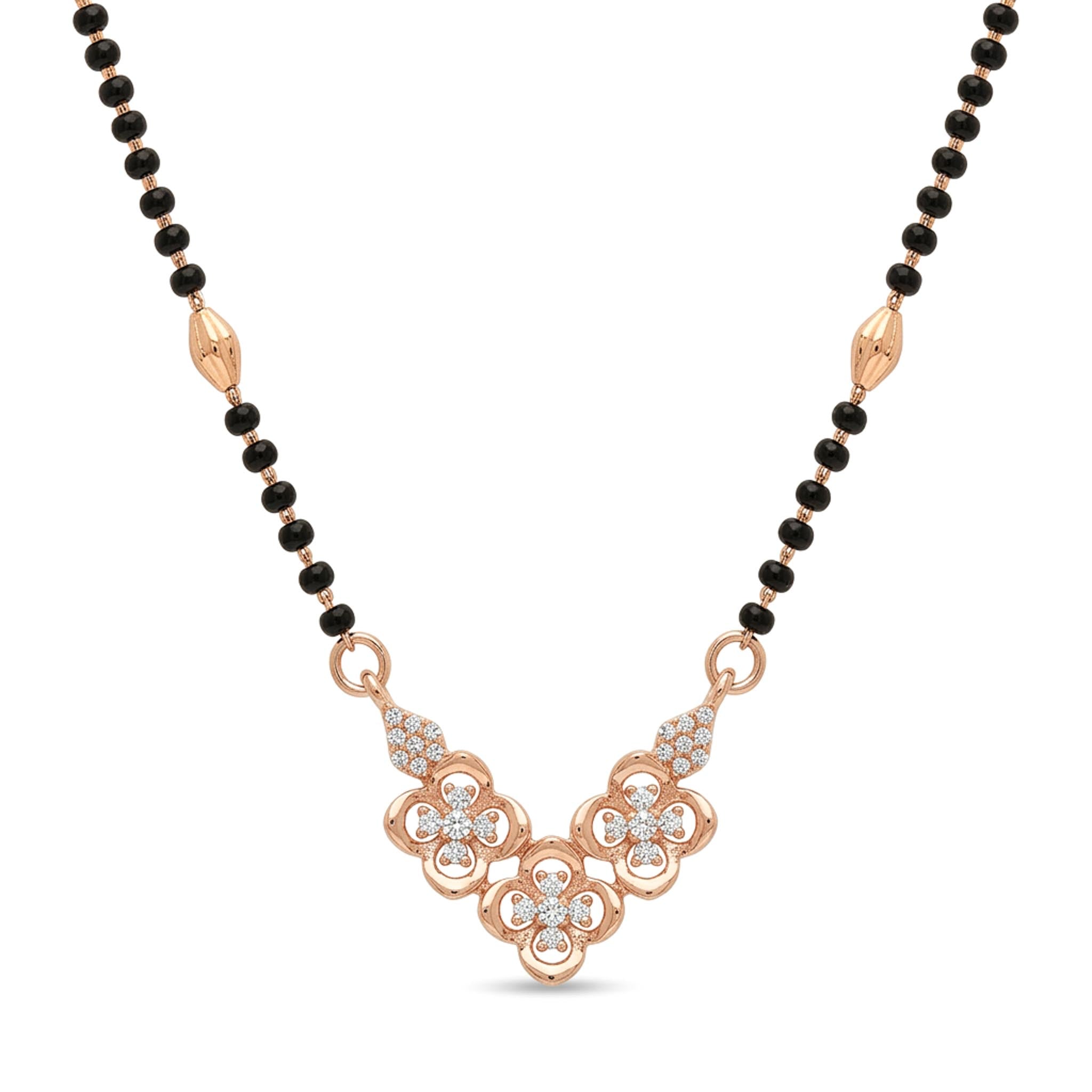 Clover Bloom Mangalsutra Necklace in demi-fine anti-tarnish finish featuring a delicate clover-inspired pendant with black bead detailing