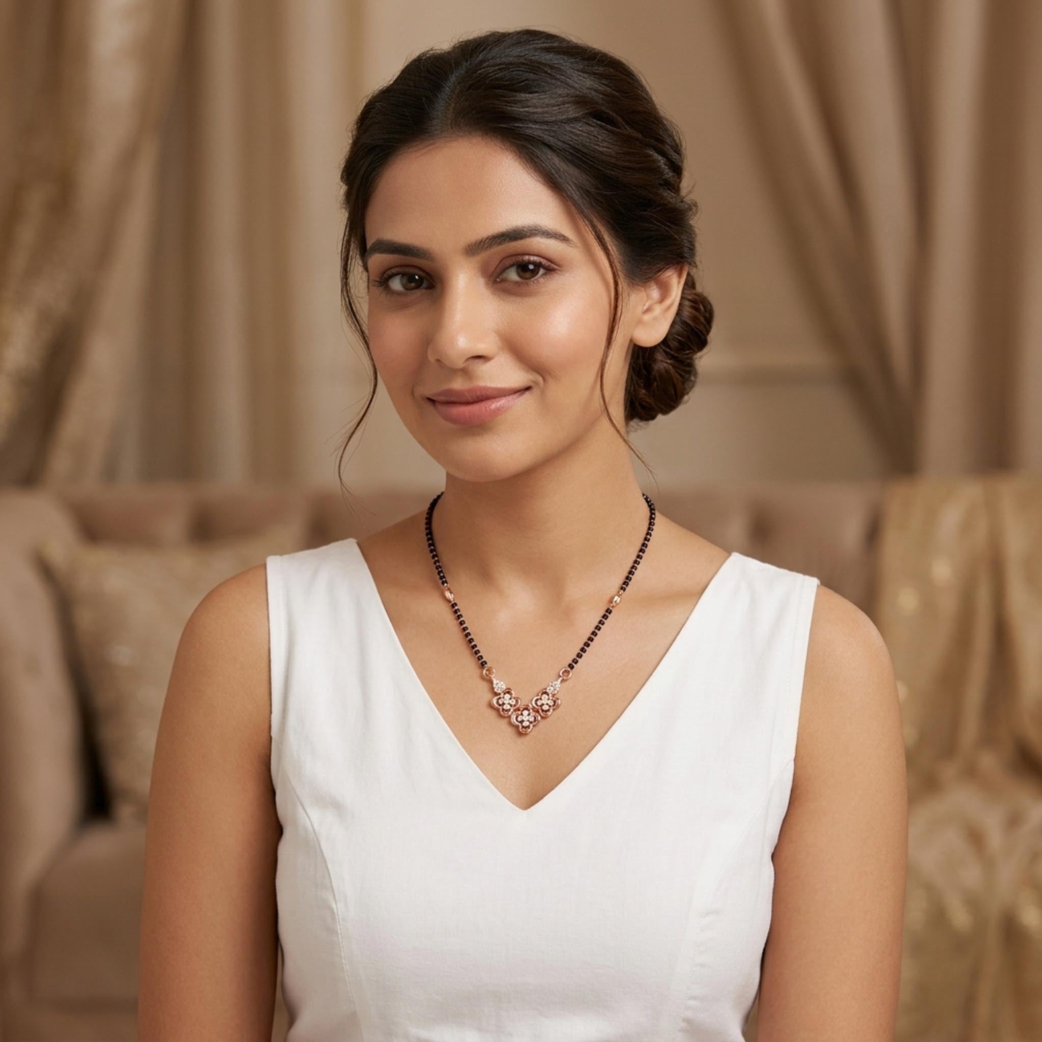 Clover Bloom Mangalsutra Necklace in demi-fine anti-tarnish finish featuring a delicate clover-inspired pendant with black bead detailing
