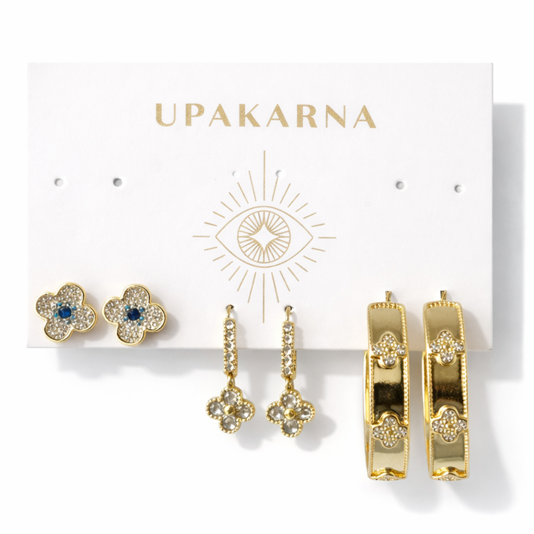 gold clover earring stack with crystal clover stud, clover sparkle hoops and gold crystal pave hoops lightweight stackable jewellery