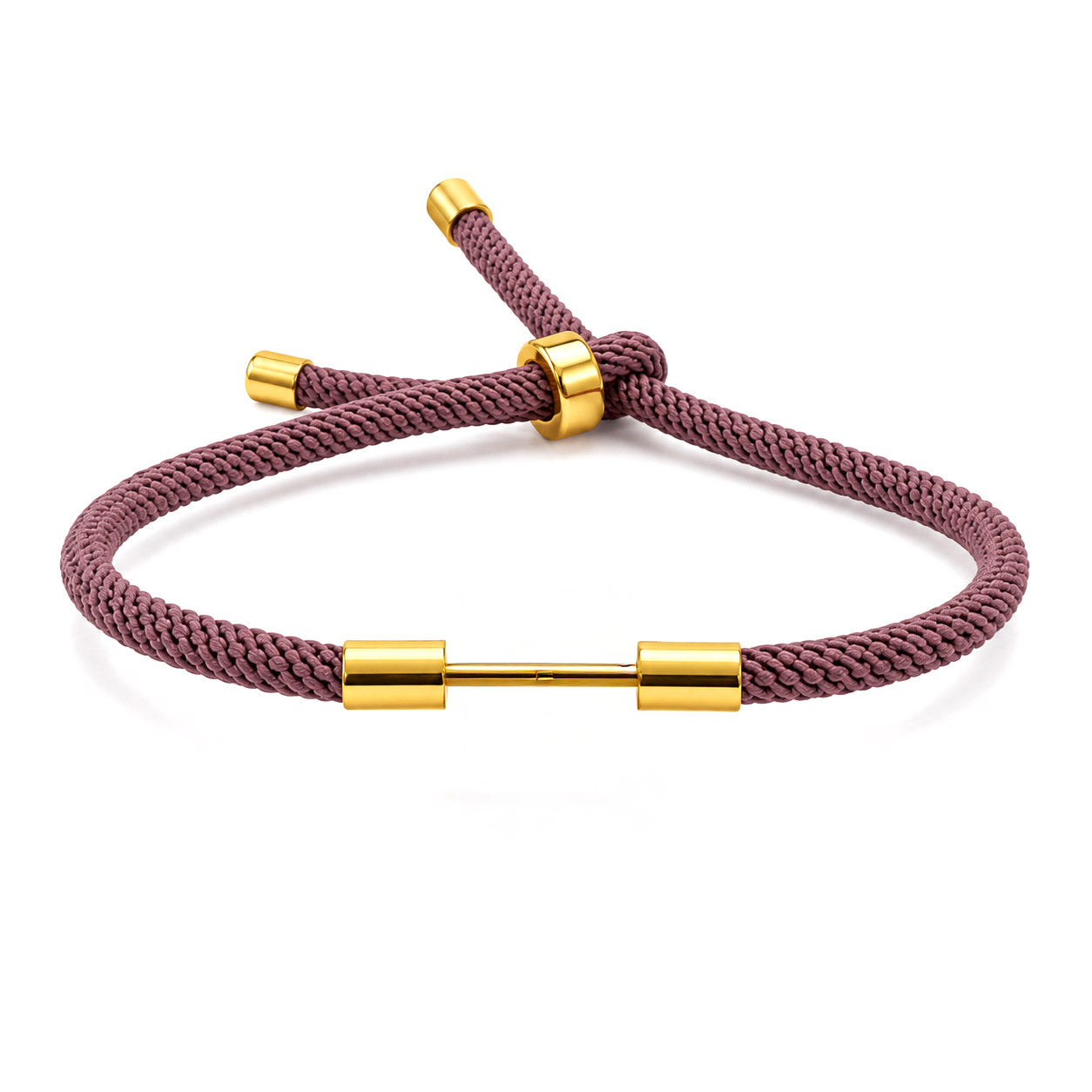 Dusty mauve woven cord bracelet with a polished gold dumbbell charm and adjustable slider bead on a white background.