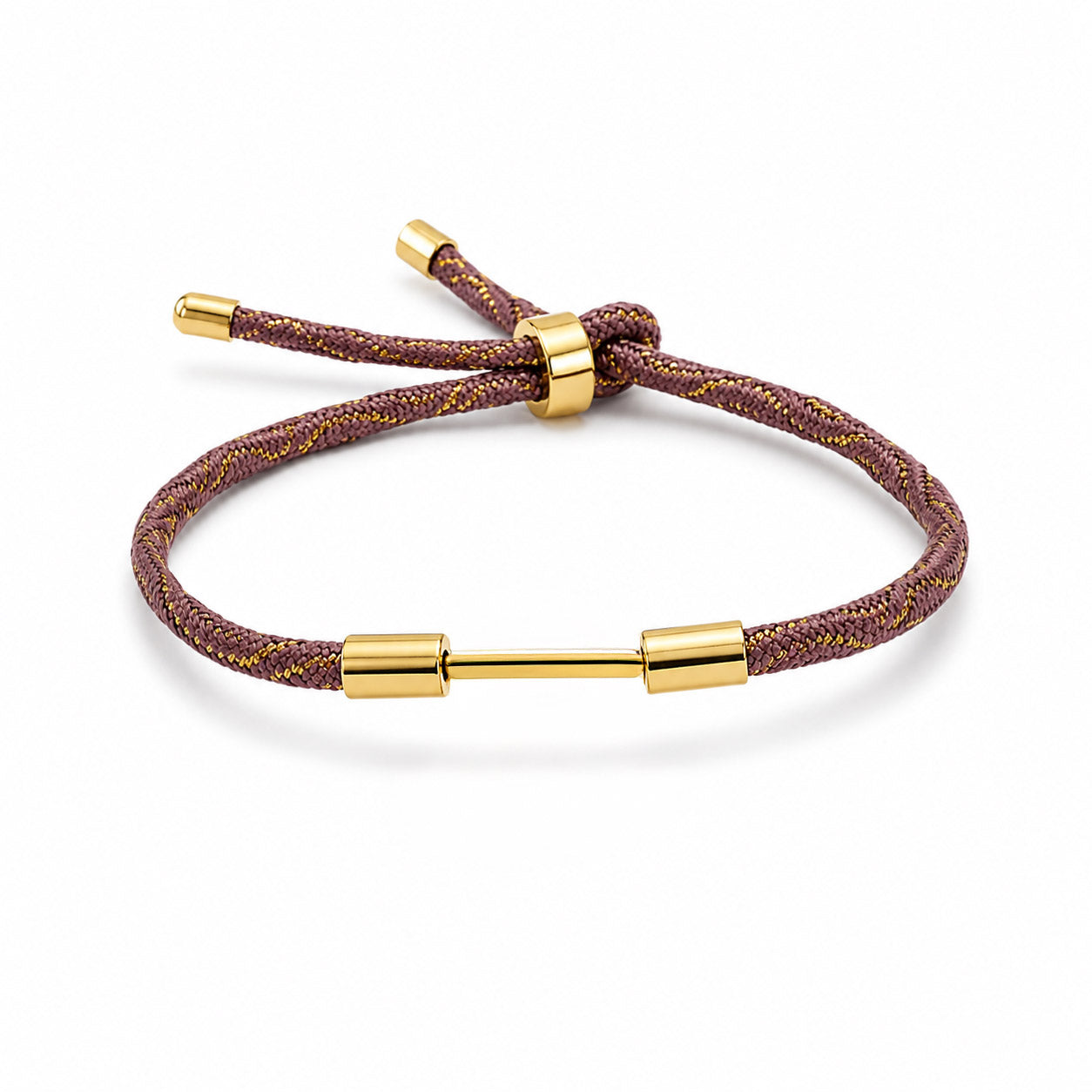 Brown braided cord bracelet with gold lurex weave and a polished gold dumbbell charm.