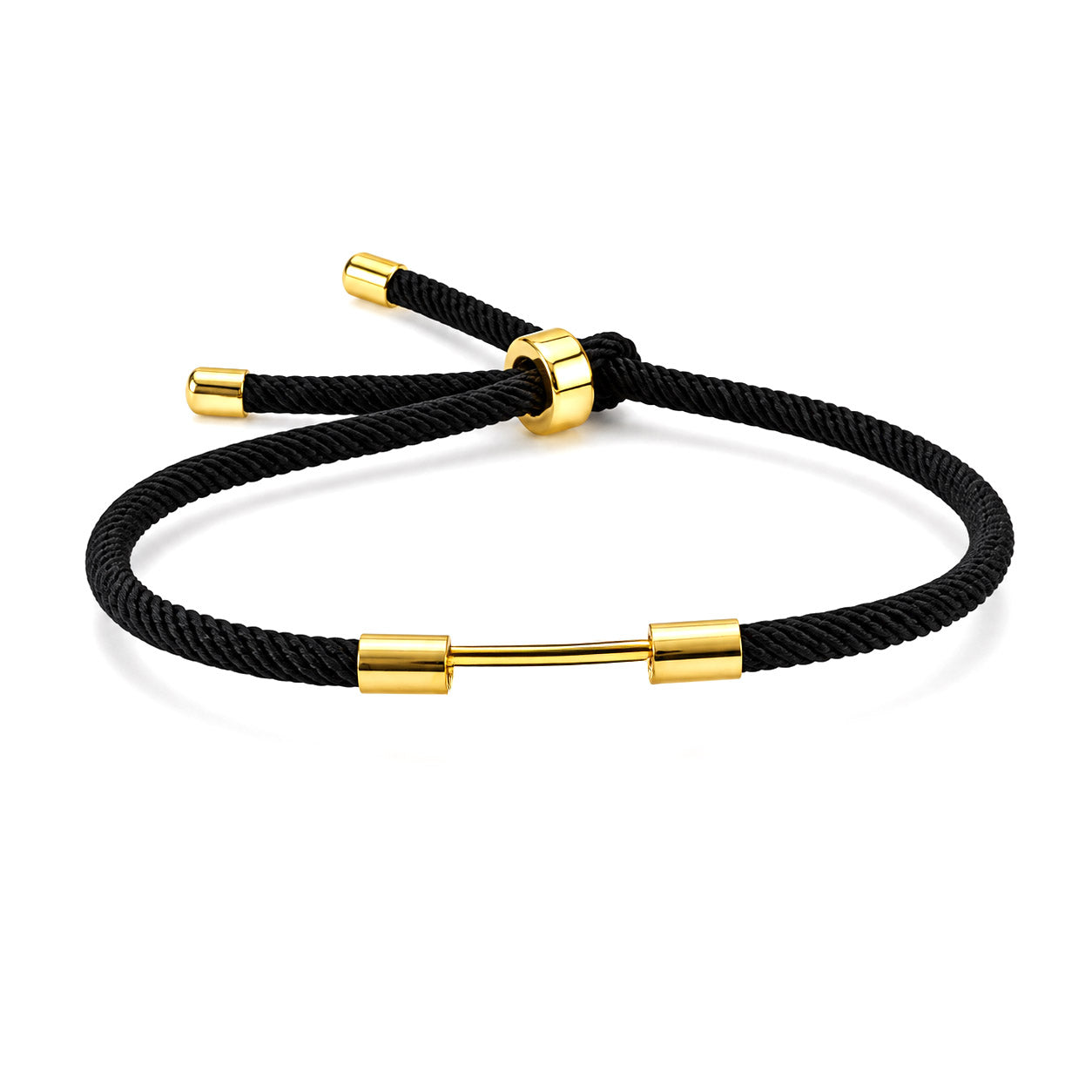 Black woven cord bracelet with a polished gold dumbbell charm and adjustable slider bead on a white background.