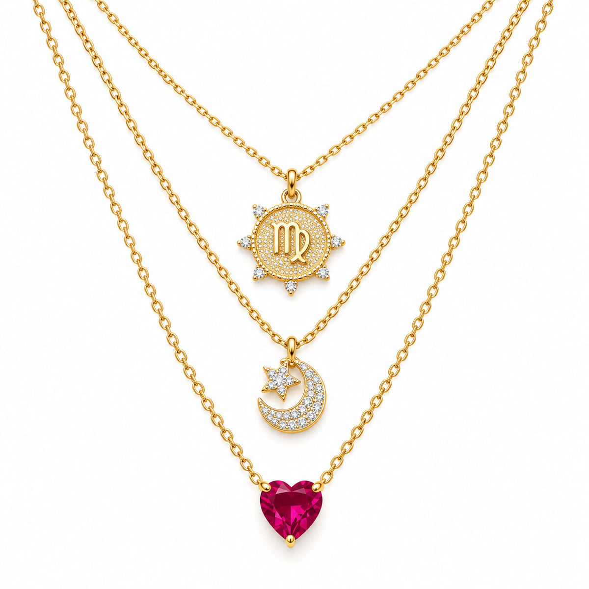 Upakarna gold layered necklace set featuring a Virgo medallion, crystal crescent moon pendant, and pink heart gemstone pendant on a clean white background.