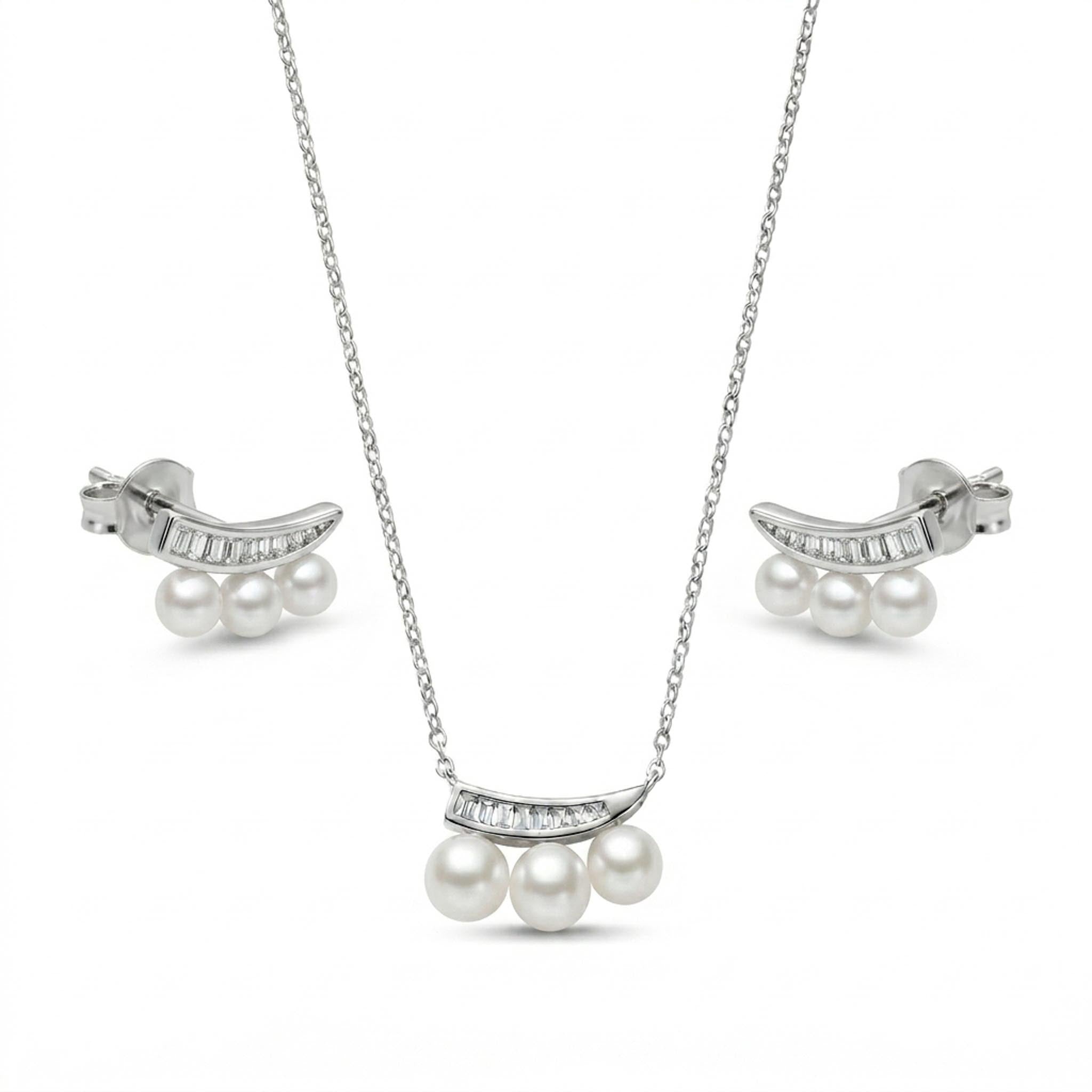 Crescent Pearl 925 Sterling Silver Necklace Set featuring a curved baguette cubic zirconia pendant with three lustrous pearls, paired with matching pearl stud earrings