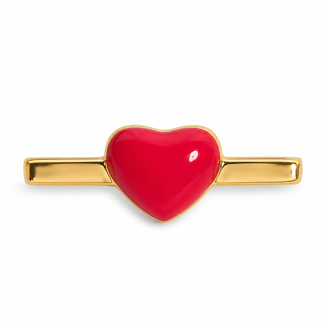 Close-up of a glossy red heart watch charm with polished gold-tone sides on a clean white background.