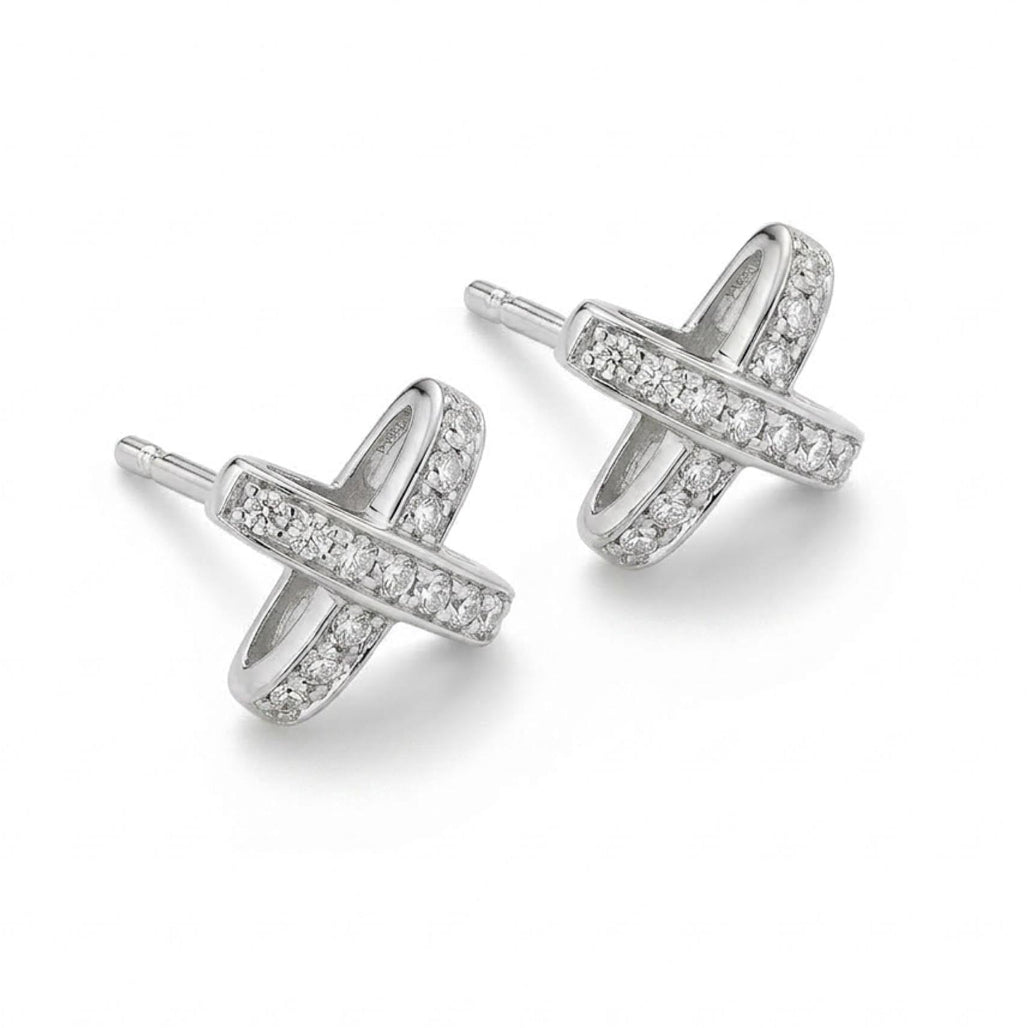 925 sterling silver crossover earrings with pavé crystal detailing, available in gold and silver, perfect for everyday wear and elegant styling.
