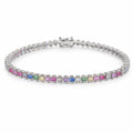 Multicolor baguette cut tennis bracelet with geometric stone setting in polished metal