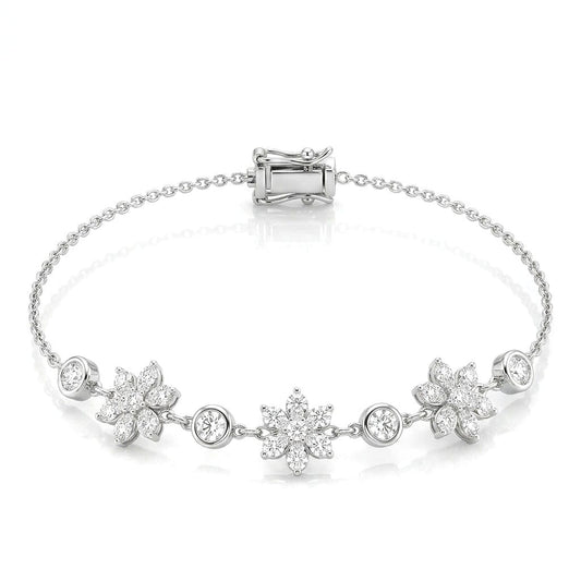 Crystal Blossom 925 Sterling Silver Bracelet featuring a delicate sterling silver chain adorned with three floral motifs encrusted with sparkling cubic zirconia
