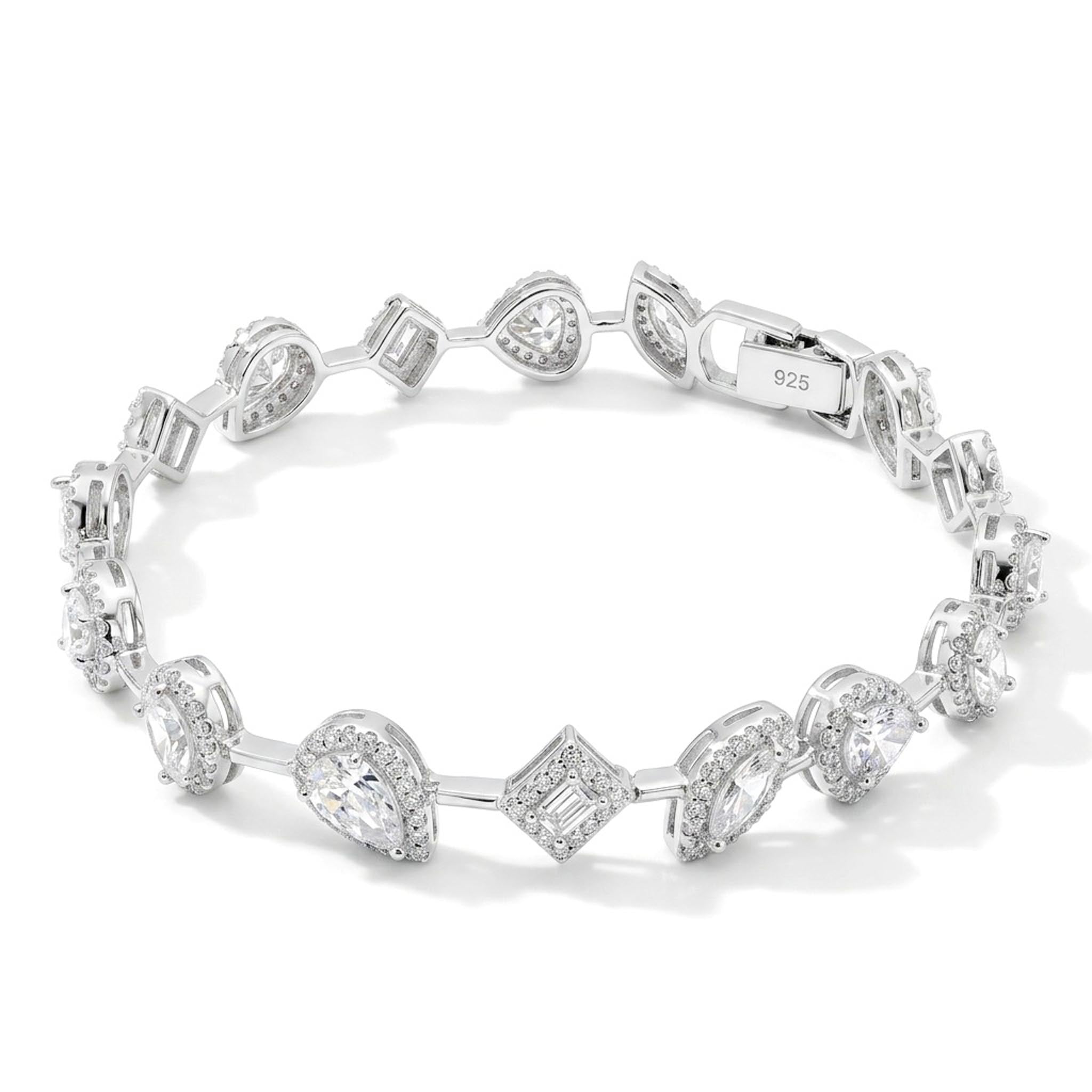 Crystal Cascade 925 Sterling Silver Bracelet featuring alternating pear-shaped and geometric-cut stones framed by sparkling halos