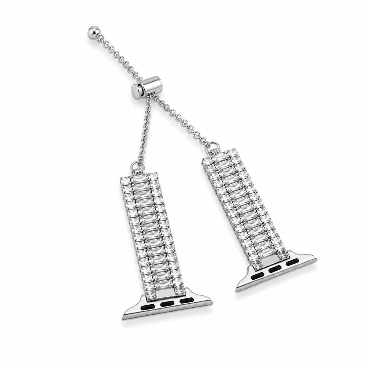 Silver-tone watch belt featuring rectangular crystal-studded links and a delicate adjustable chain on a white background.
