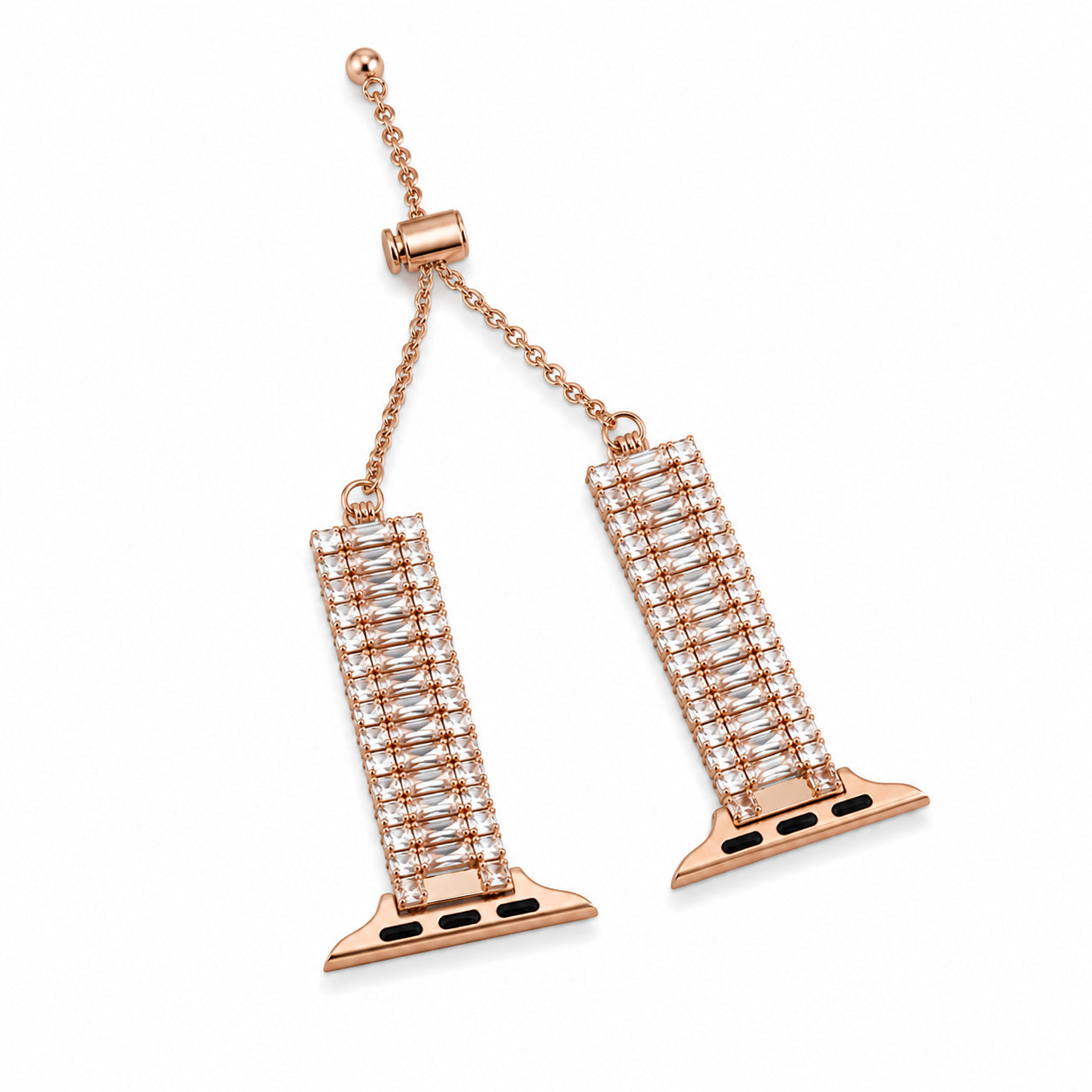 Rose gold-tone watch belt featuring rectangular crystal-studded links and a delicate adjustable chain on a white background.