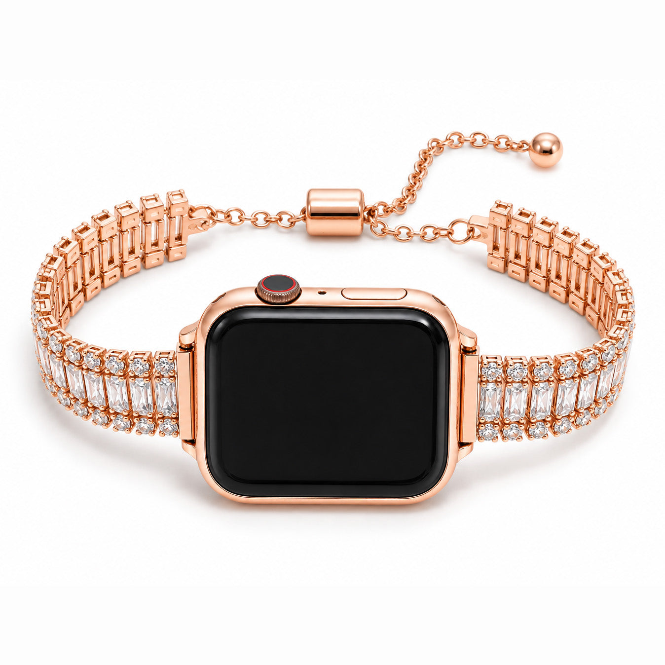 Close-up view of a rose gold smartwatch with a sparkling crystal-studded metal strap and adjustable chain clasp on a white background.