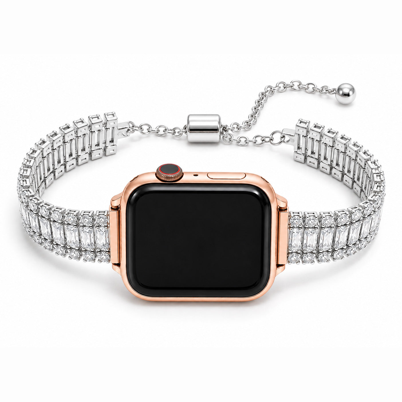 Close-up view of a rose gold smartwatch with a silver crystal-studded metal strap and adjustable chain clasp on a white background.