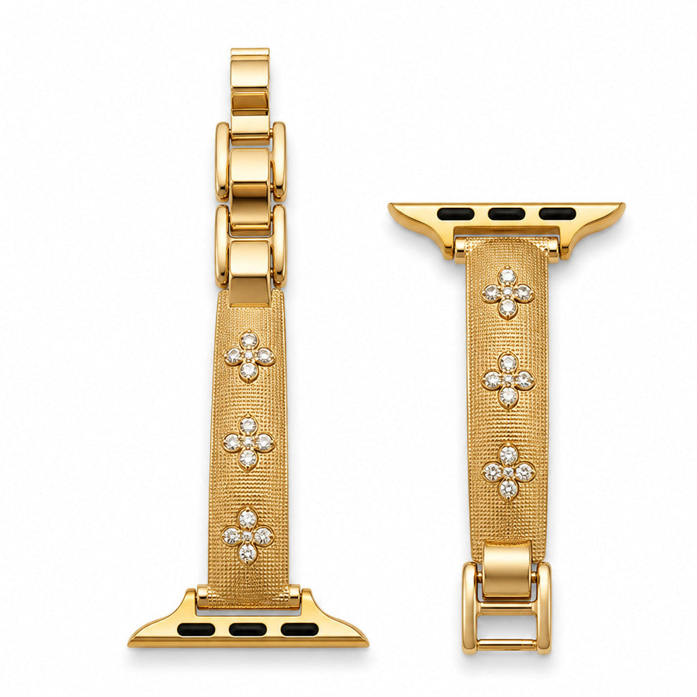 Gold-tone watch strap connectors featuring a textured finish and three sparkling floral crystal details, displayed on a white background.