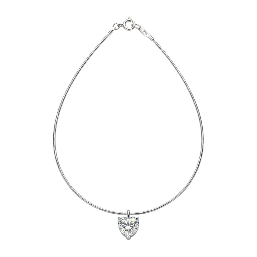 Crystal Heart 925 sterling silver necklace featuring a brilliant heart-cut crystal pendant suspended from a sleek sterling silver snake chain