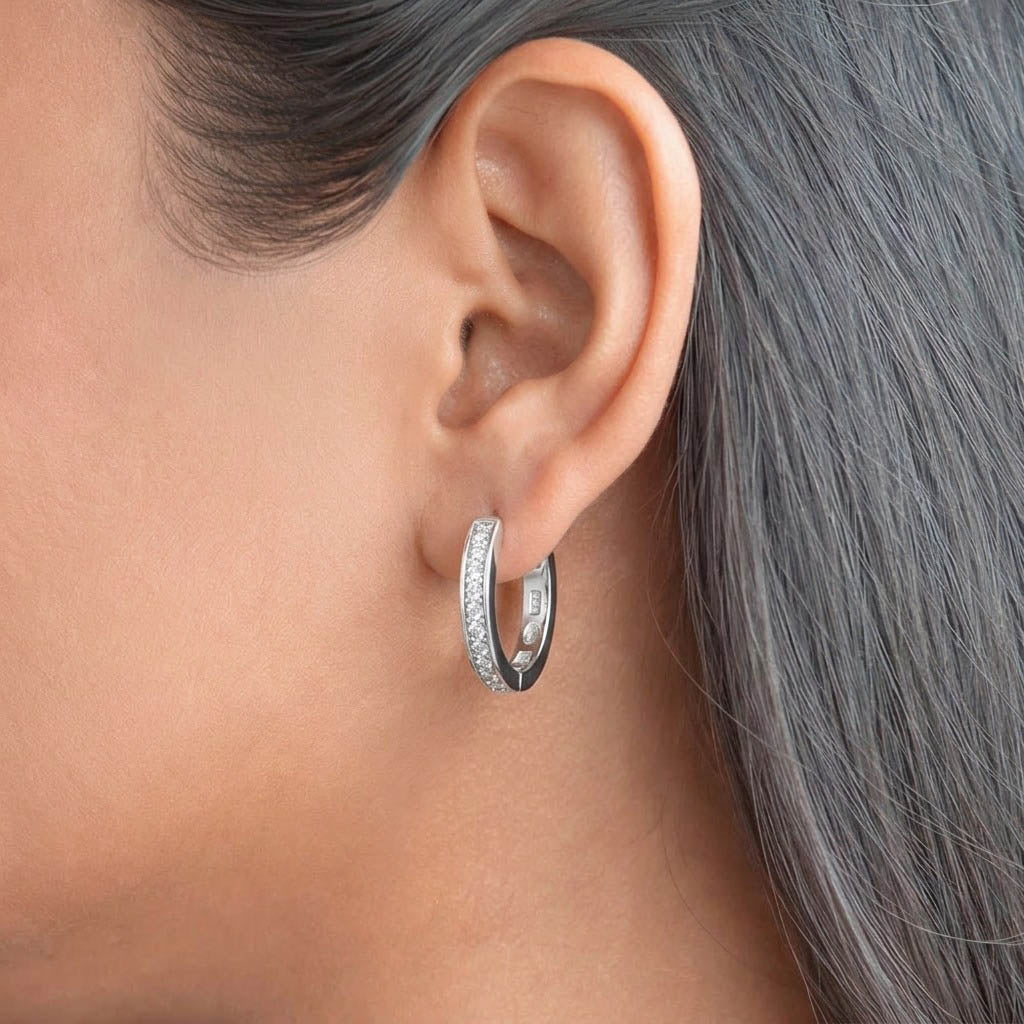 Crystal Hoop 925 Sterling Silver Earrings featuring a classic huggie hoop design accented with a row of sparkling cubic zirconia stones