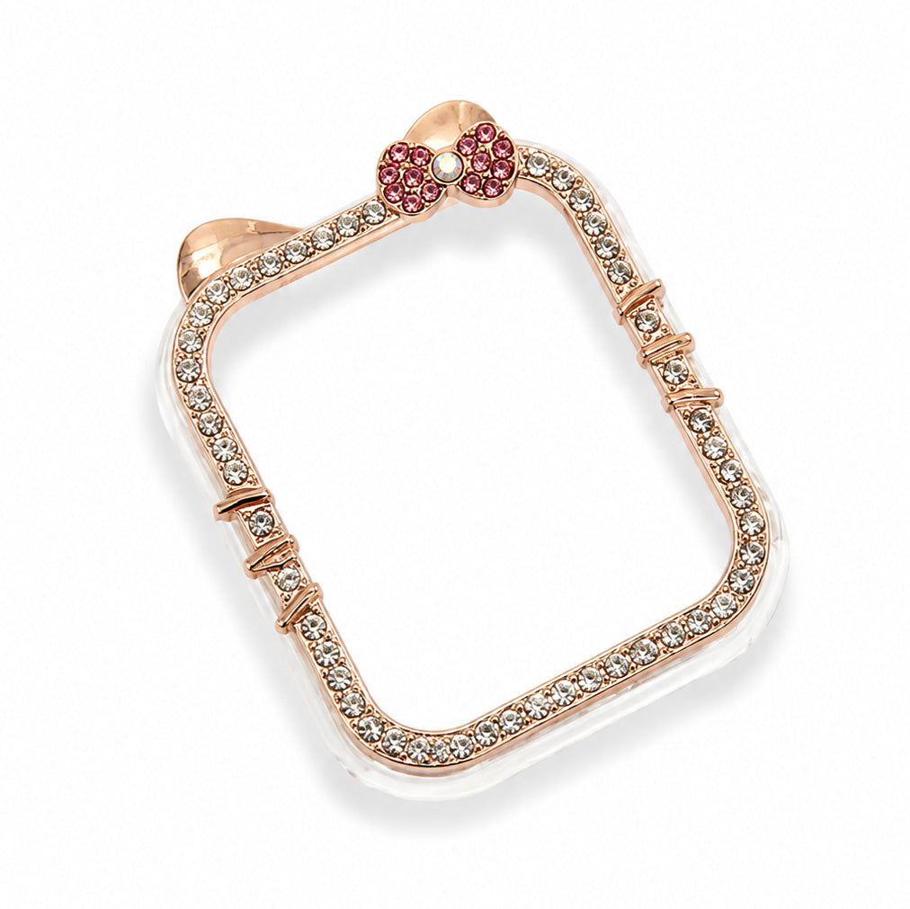 Rose gold-tone rectangular watch frame charm adorned with clear stones, featuring a pink stone bow detail, cat ears, and whisker accents, on a white background