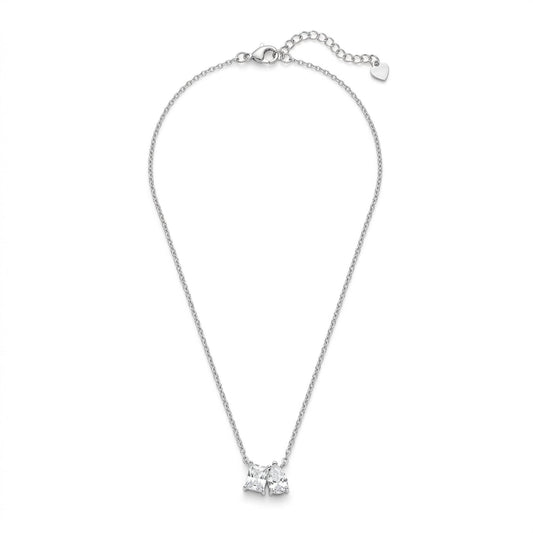 Twin Princess-Cut Solitaire Pendant Necklace in Silver Tone with Clear Crystal Accents and Adjustable Chain, Displayed on White Background