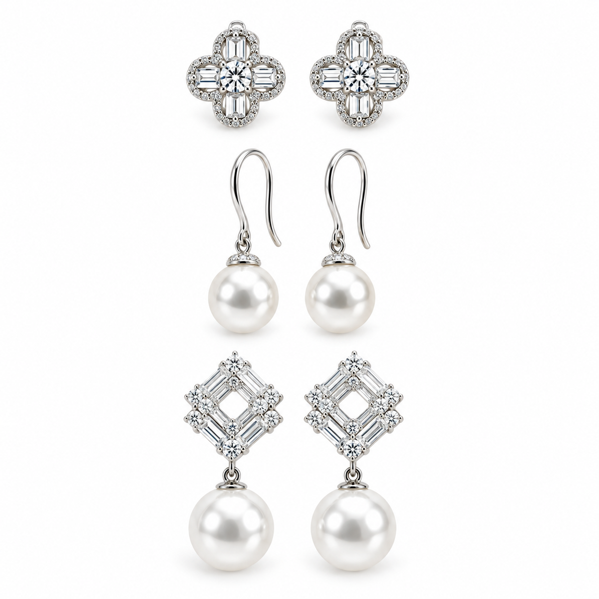 Three pairs of silver earrings displayed separately on a white background, featuring crystal flower studs, pearl drop earrings, and geometric crystal pearl earrings.