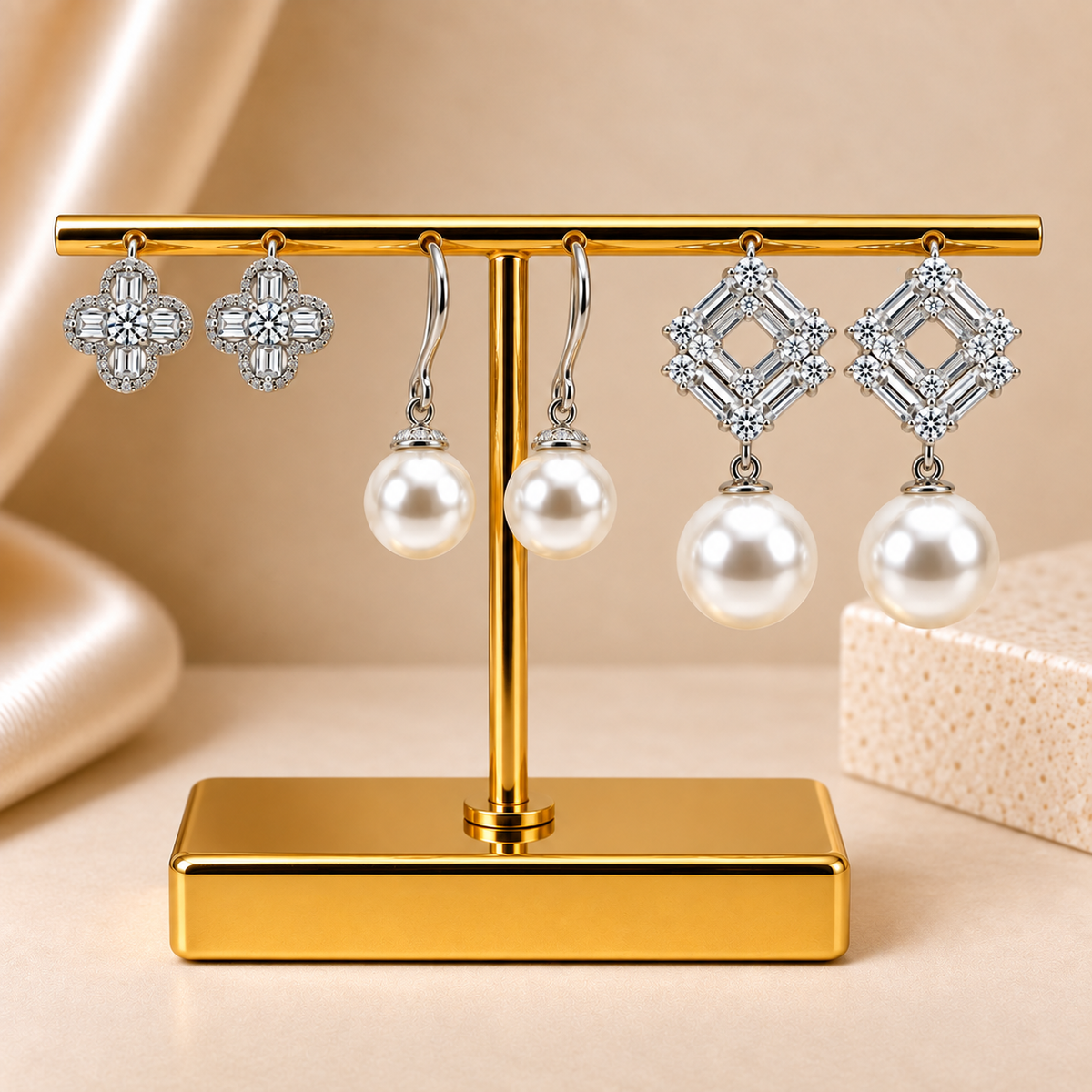 Gold-tone earring display stand featuring three pairs of silver earrings, including crystal flower studs, pearl drop earrings, and geometric crystal pearl earrings.