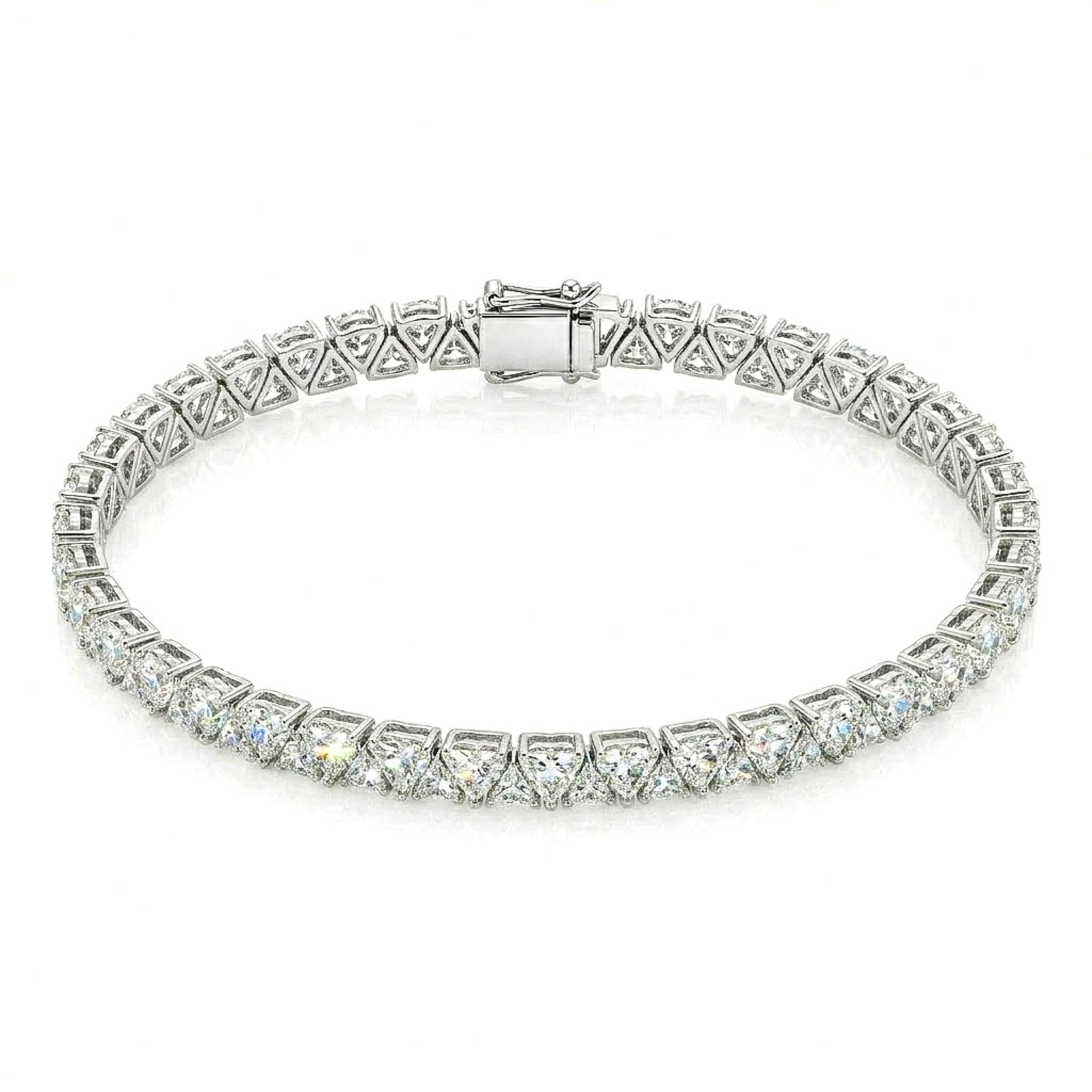 Crystal Trinity Tennis 925 Sterling Silver Bracelet featuring a continuous row of brilliant round-cut stones in a unique triangular three-prong setting