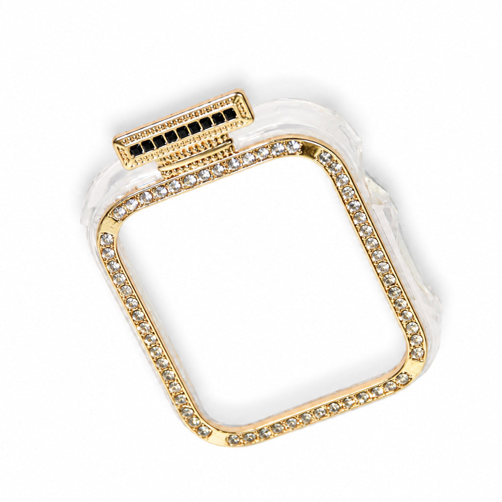 Gold-tone rectangular watch frame charm embellished with clear stones and a black stone-accented clasp on a white background.