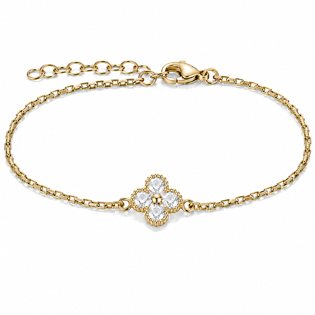 Gold-plated bracelet featuring a delicate four-leaf clover charm with four clear, crystal-like stones, set on a fine gold chain with an adjustable extension chain and lobster clasp, displayed against a clean white background.