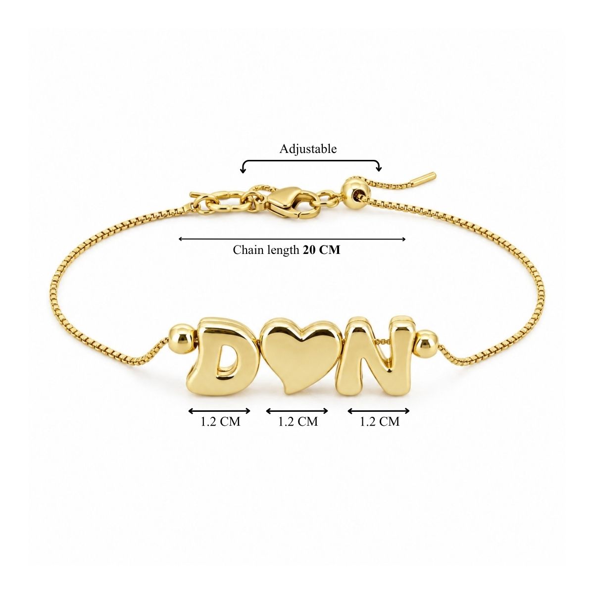Gold-tone adjustable personalized bracelet featuring D♥N charms, with a 20 cm chain length and approximately 1.2 cm charms.