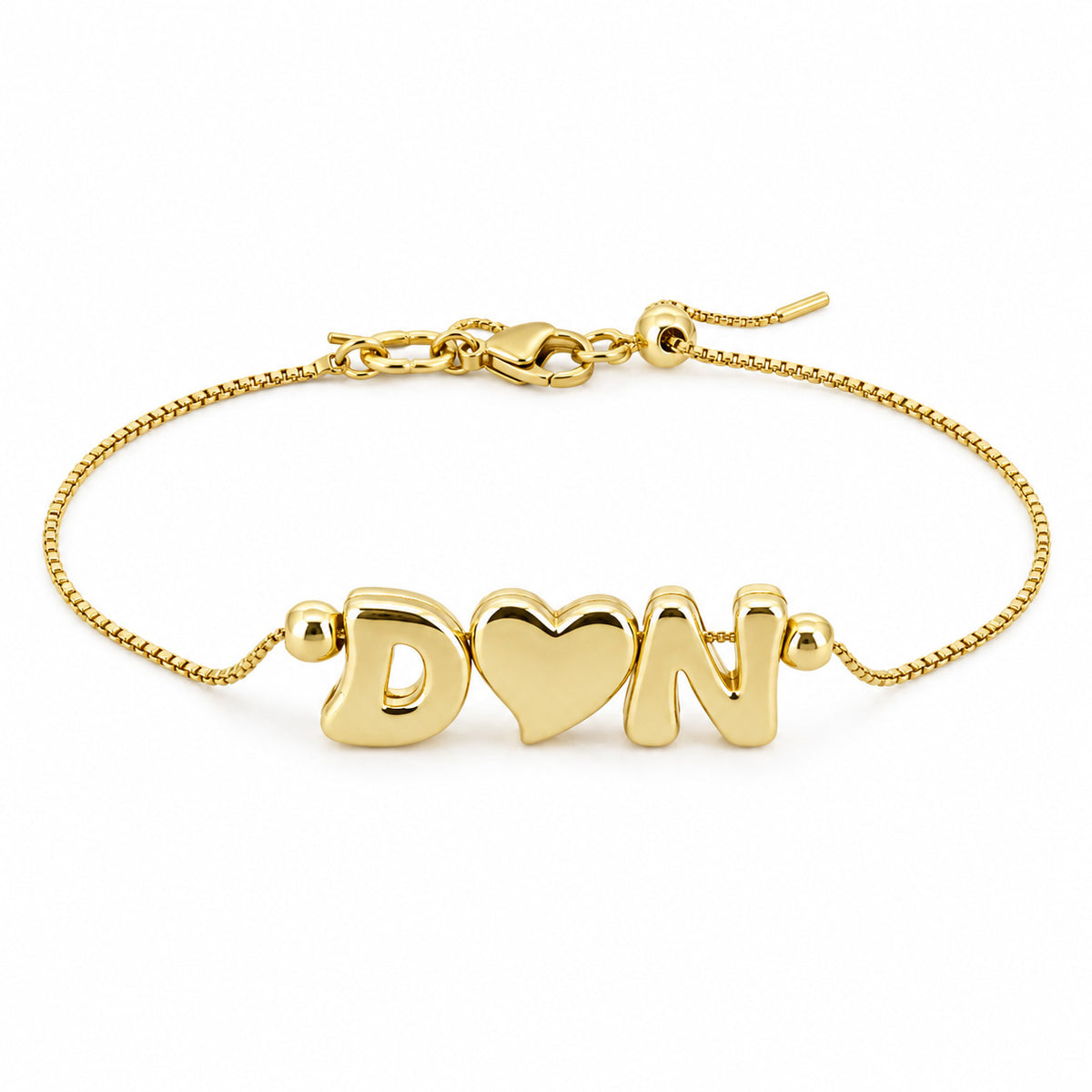 Gold-plated delicate bracelet featuring D♥N initial-and-heart charms, displayed on a clean white background.