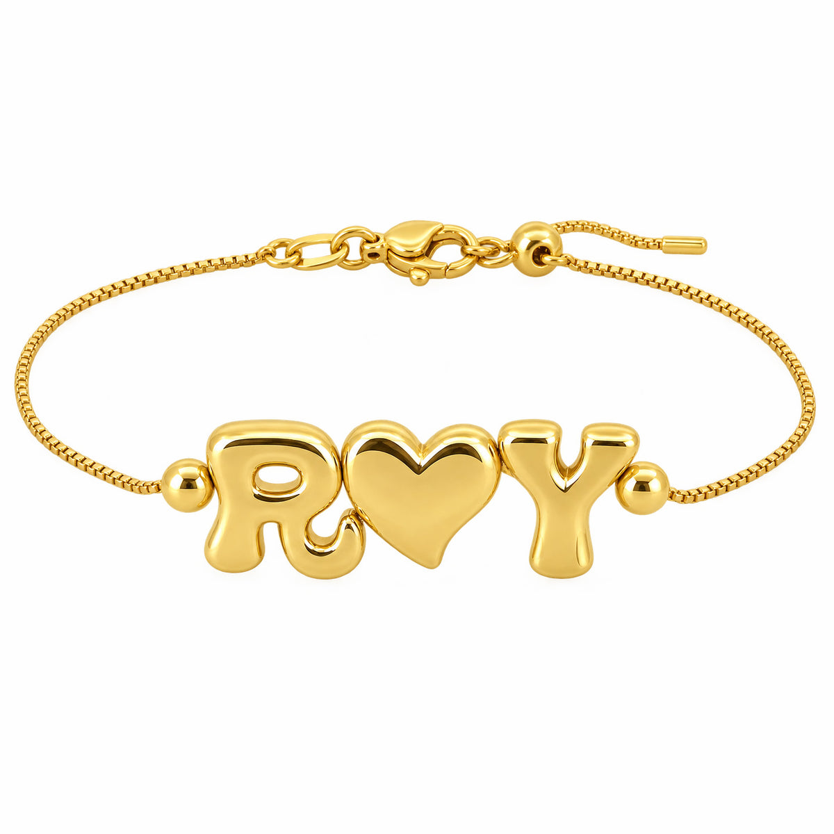 Gold-plated delicate bracelet featuring R♥Y initial-and-heart charms, with small gold bead accents and a fine chain, displayed on a clean white background.