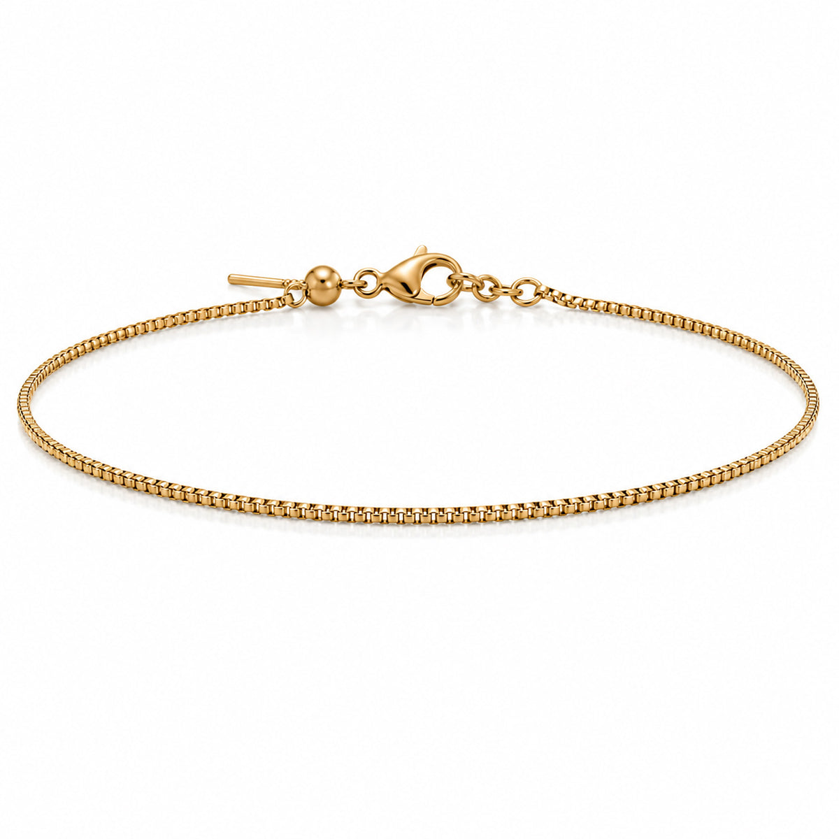 Gold-plated minimalist bracelet featuring a delicate box chain and lobster-clasp closure, displayed in a clean oval arrangement on a pure white background.