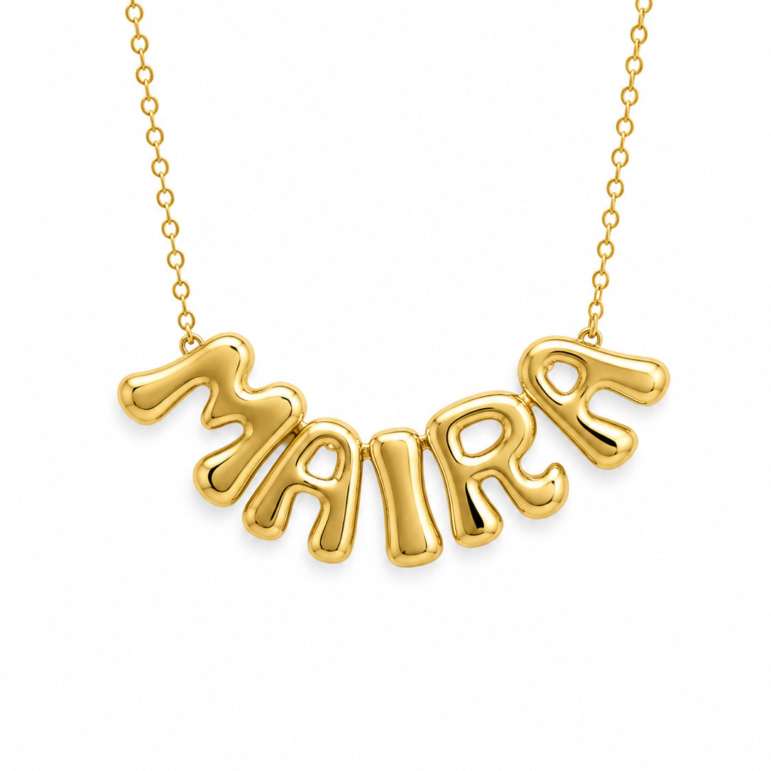 Gold-plated personalized name necklace featuring the name “MAIRA” on a delicate gold chain, displayed on a clean white background.