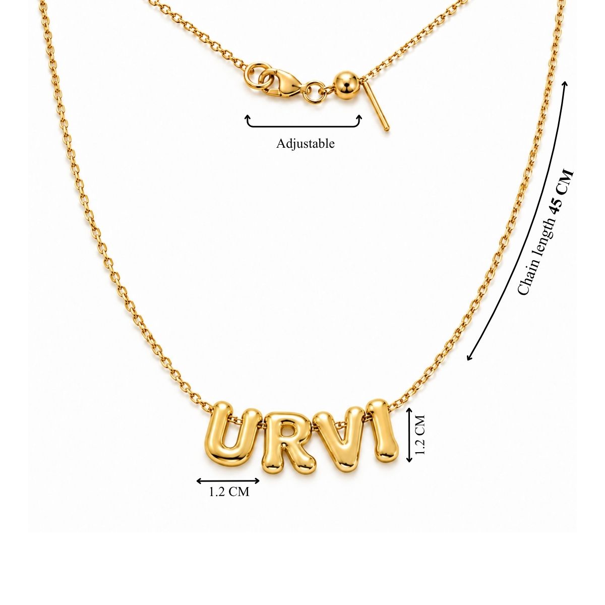 Gold-tone personalized necklace featuring URVI letter charms on an adjustable chain, with a 45 cm chain length and approximately 1.2 cm charms.
