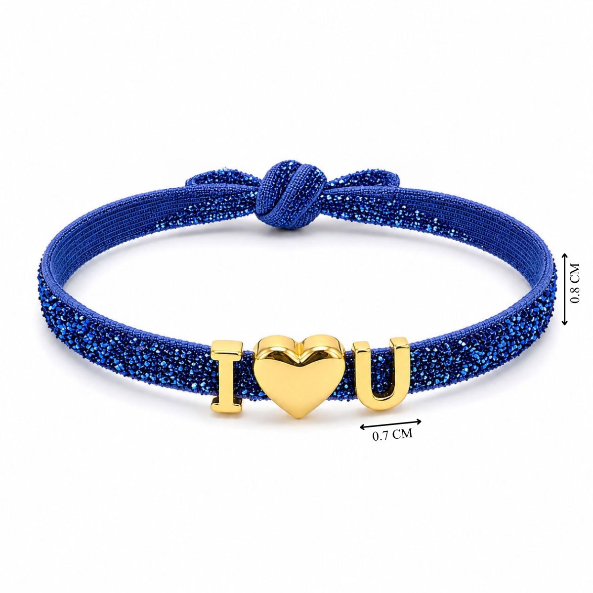 Blue glittery adjustable bracelet featuring a knotted bow detail and gold-tone I ♥ U charms across the front. The bracelet band is approximately 0.8 cm wide.