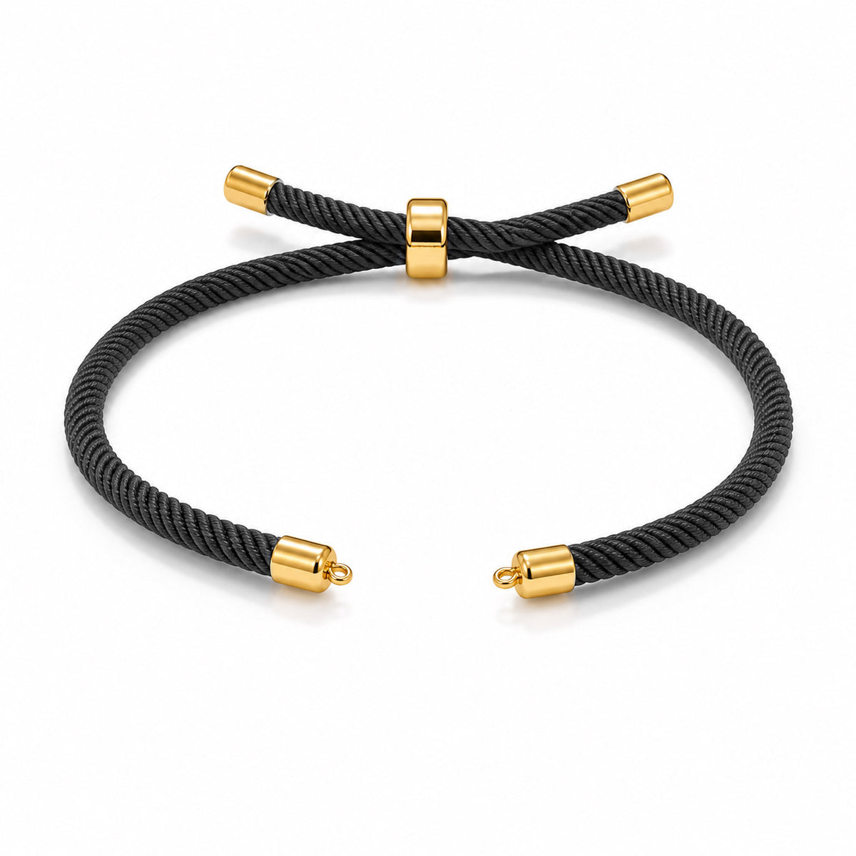 Black braided cord bracelet with gold tone end caps and an adjustable sliding clasp, displayed on a white background.