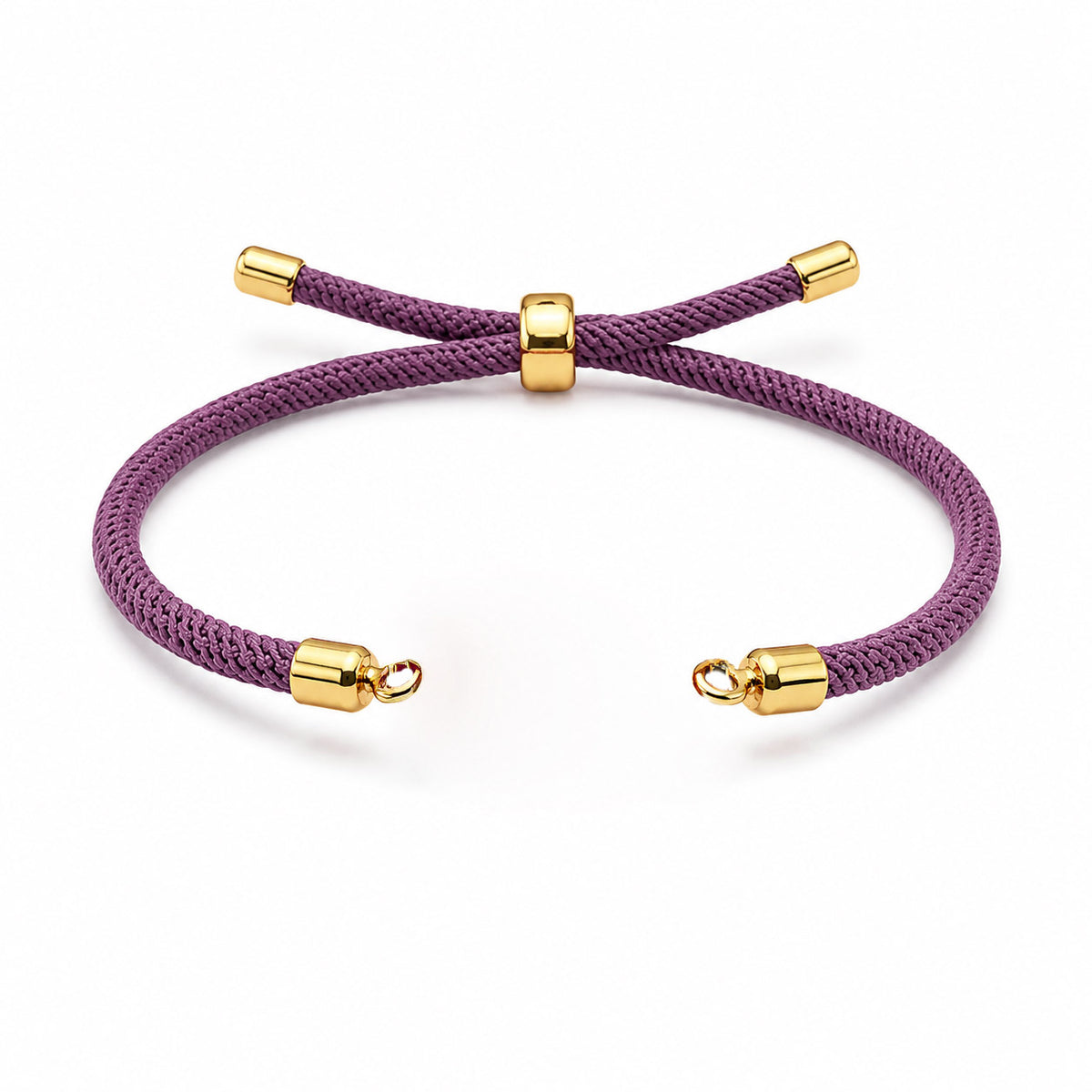Purple braided cord bracelet with gold-tone end caps and an adjustable sliding clasp, displayed on a white background.