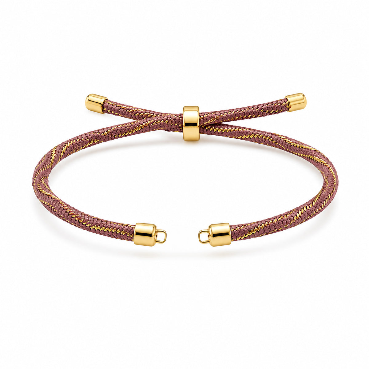 Maroon braided cord bracelet with gold-tone woven detailing, gold-tone end caps, and an adjustable sliding clasp, displayed on a white background.