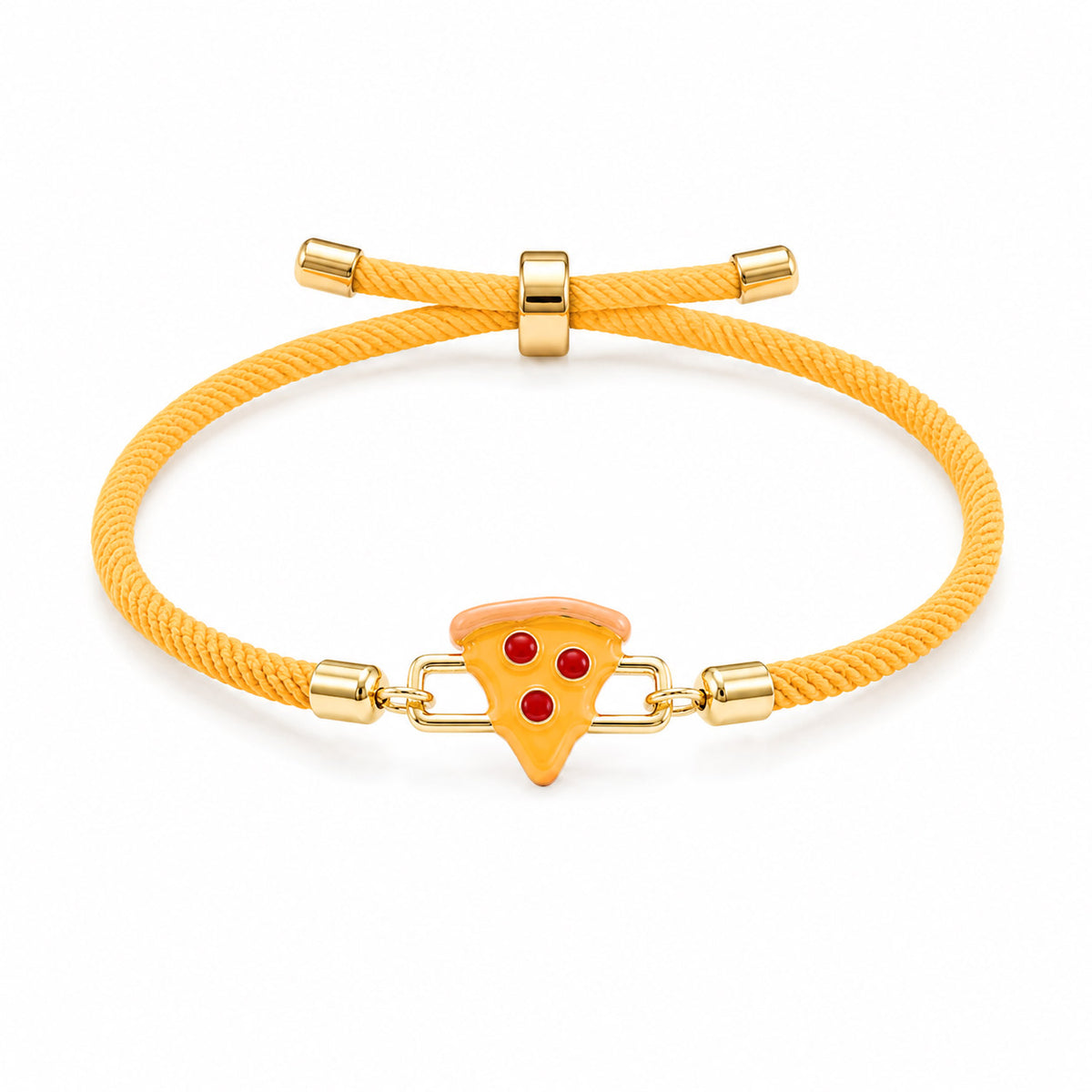 Orange braided cord bracelet with a playful pizza slice charm featuring three red toppings and gold-tone adjustable details, displayed on a clean white background.