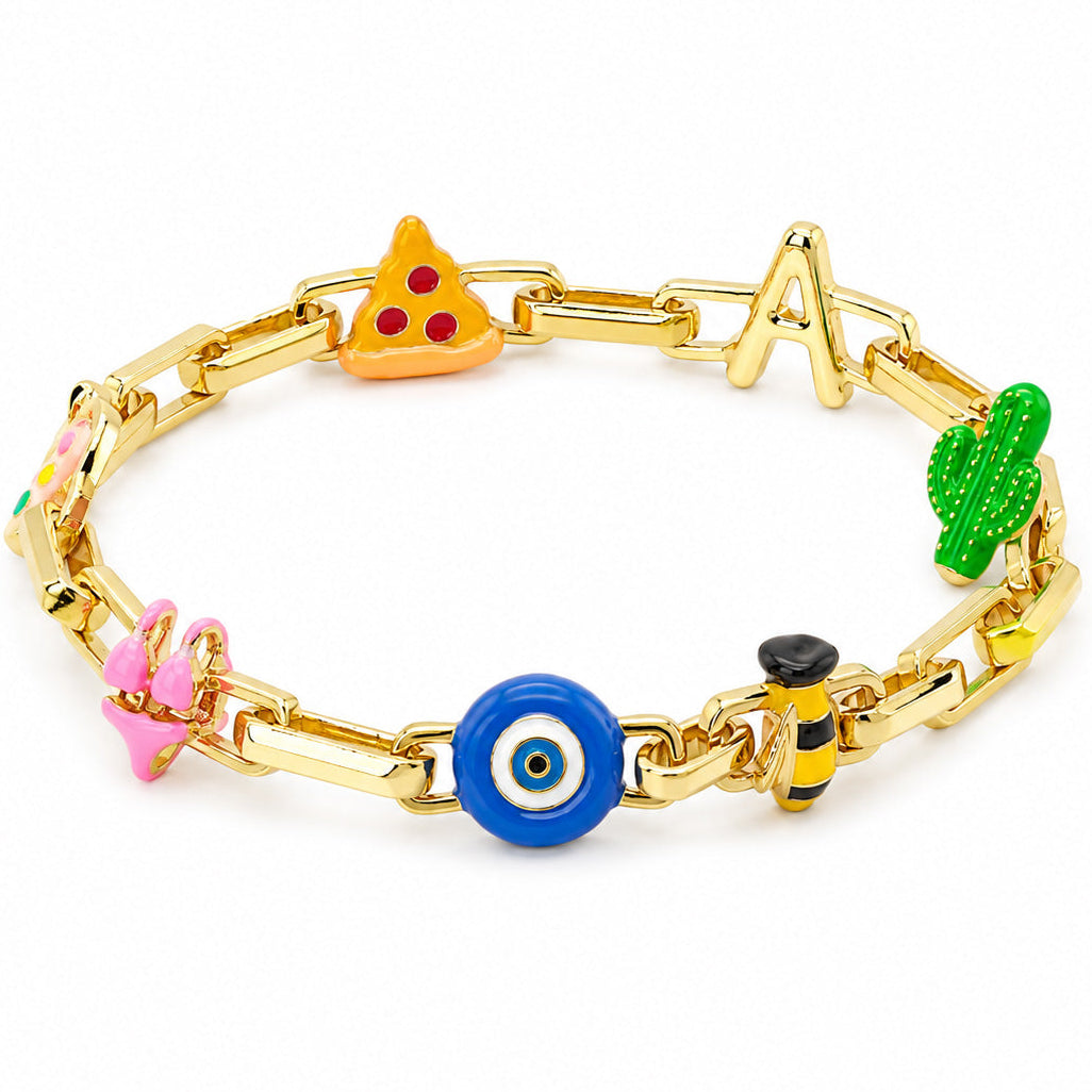 Gold-tone charm bracelet with colorful charms including a pizza slice, letter A, cactus, butterfly, evil eye, and bee, displayed on a clean white background.