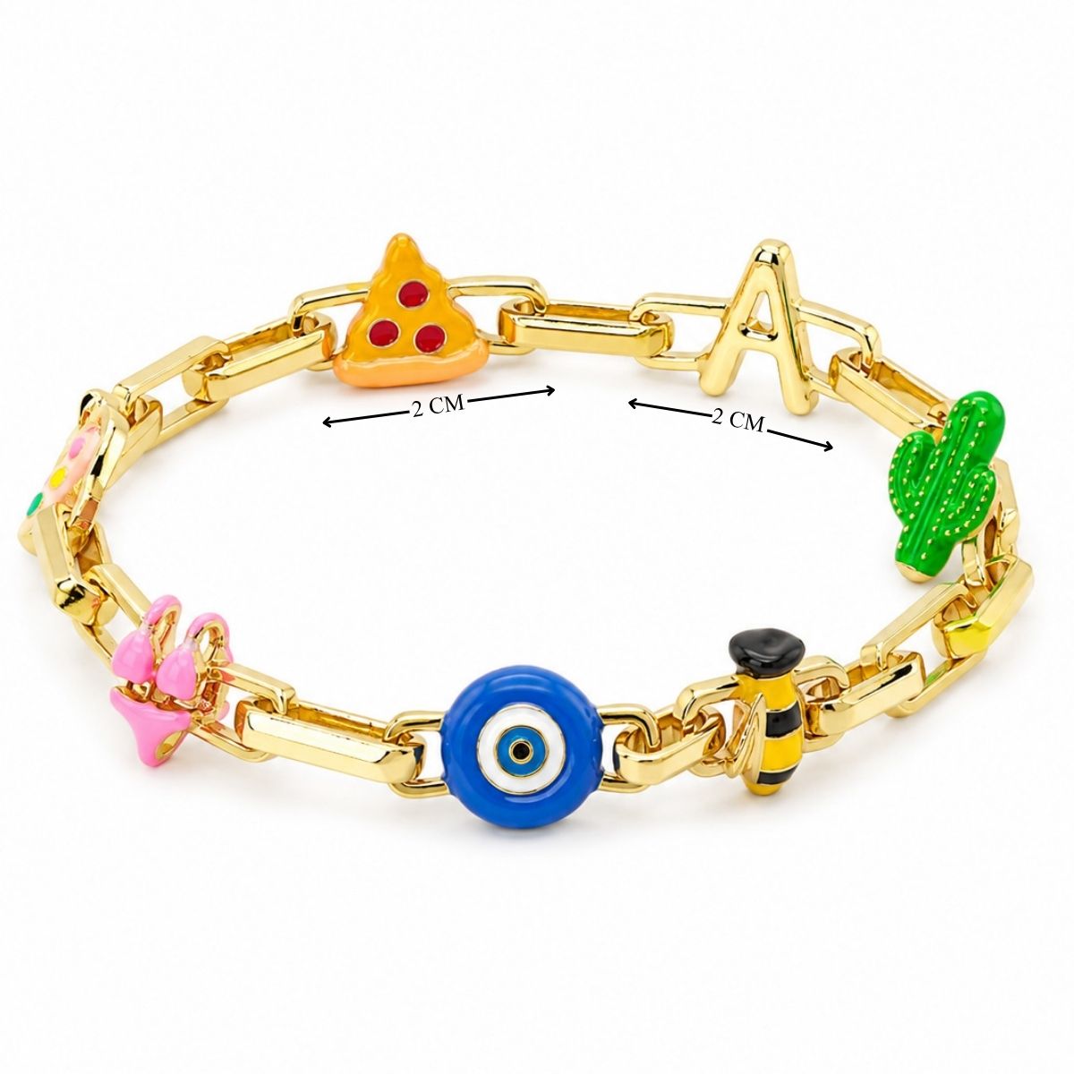 Gold-tone chain bracelet featuring colorful charms, including a pizza slice, letter A, green cactus, pink butterfly, blue evil eye, and bee, displayed on a white background.