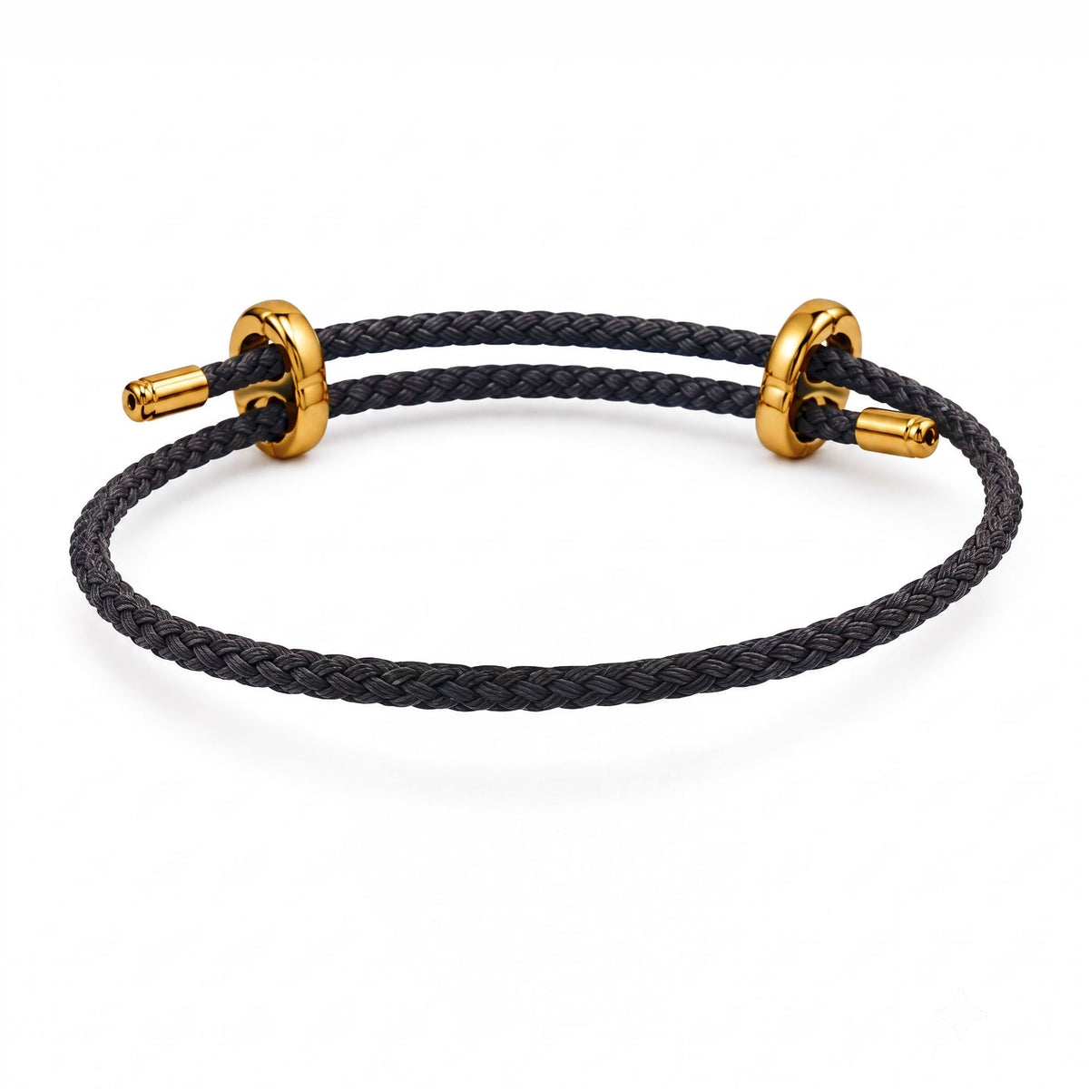 Black braided cord bracelet with gold-tone metal fittings, displayed on a clean white background