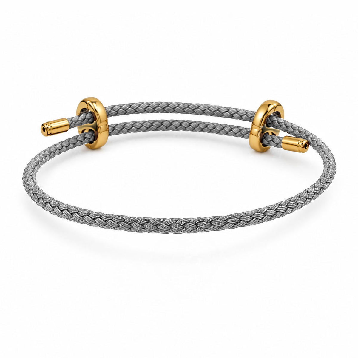 Gray braided cord bracelet with gold-tone metal fittings, displayed on a clean white background.