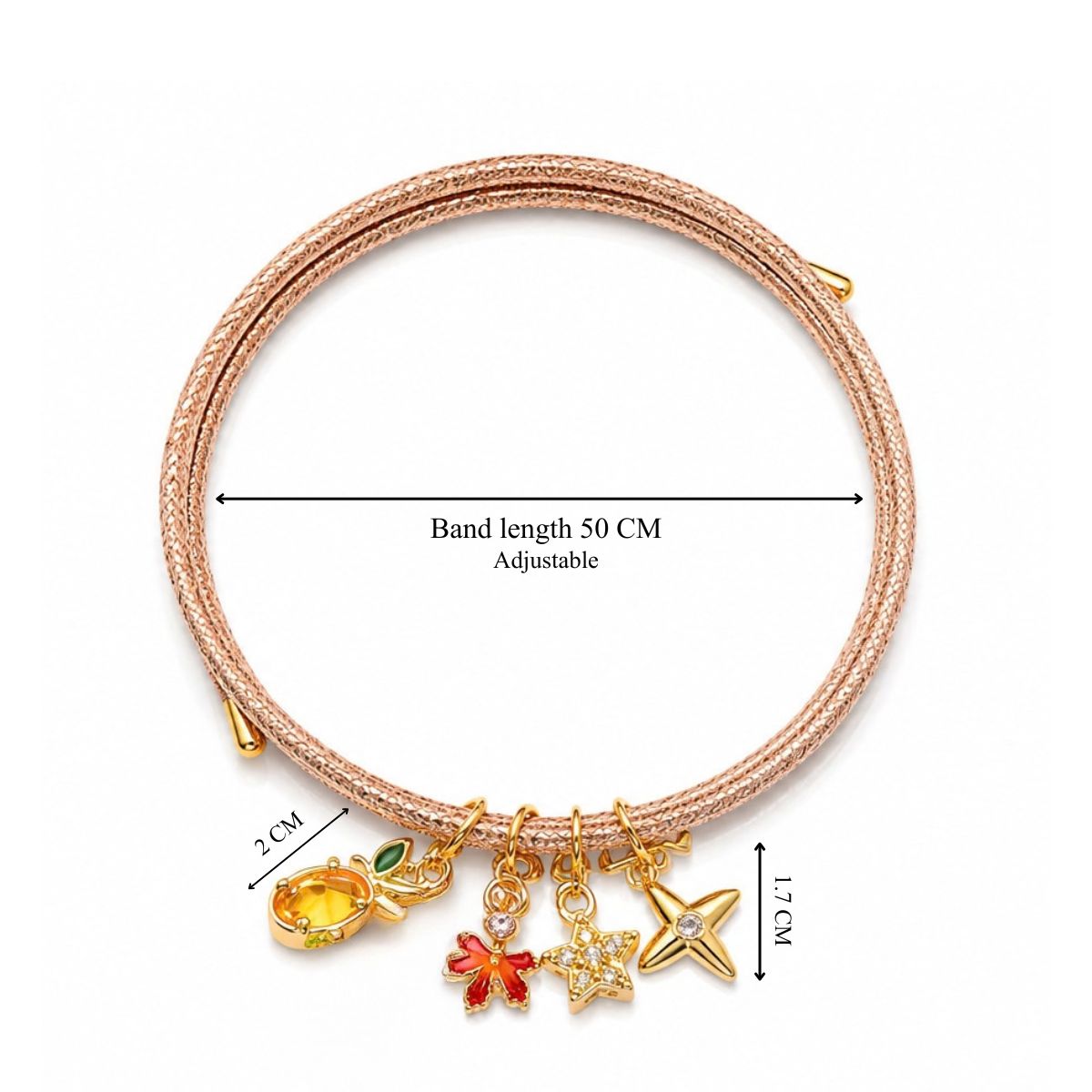 Rose-gold adjustable charm necklace featuring a textured multi-strand band with five dangling charms: a citrus slice with green leaf, a red flower, a crystal-studded star, and a polished four-point star. The band measures 50 cm and the charms are approximately 1.7–2 cm.