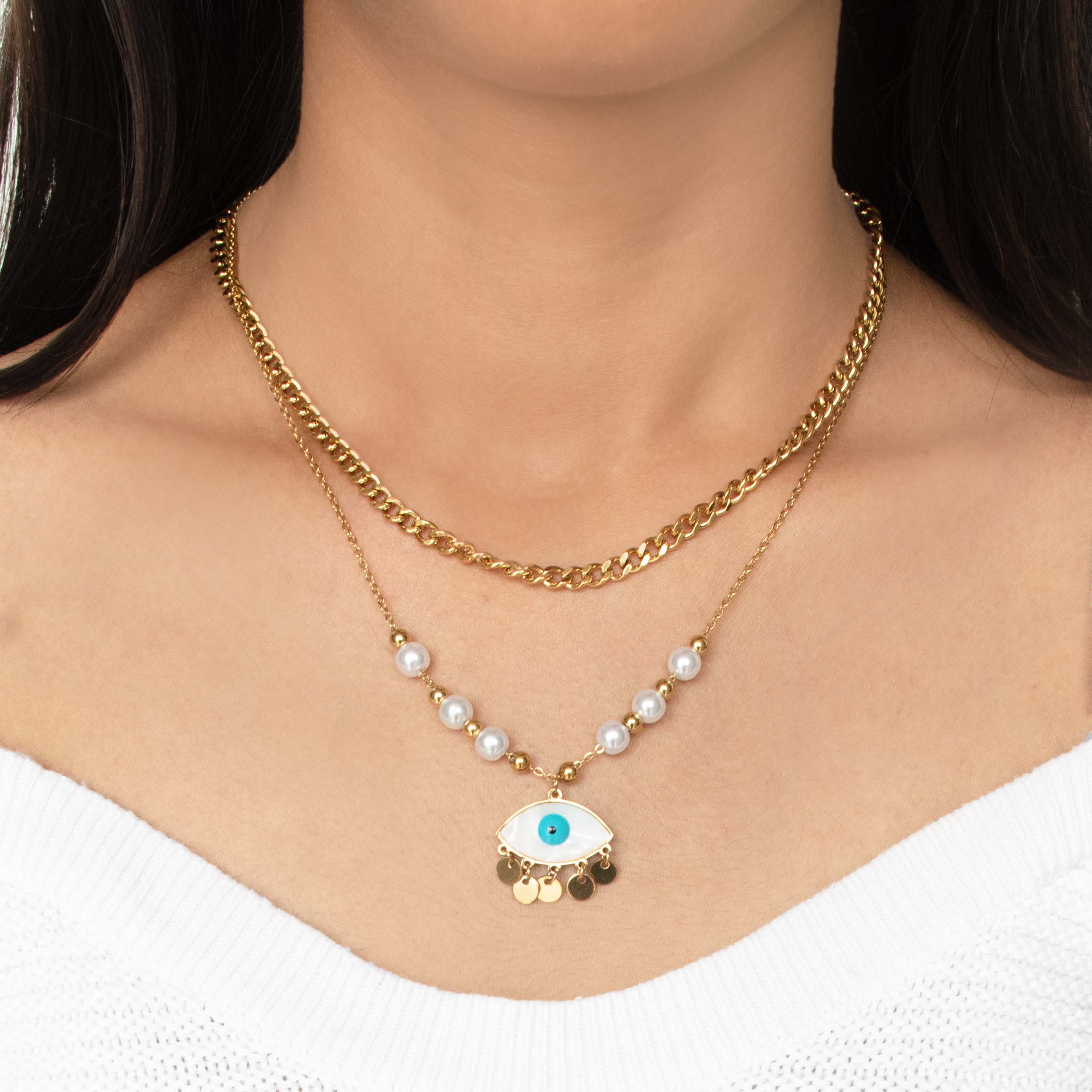 Dainty Pearl Evil Eye Layered Necklace