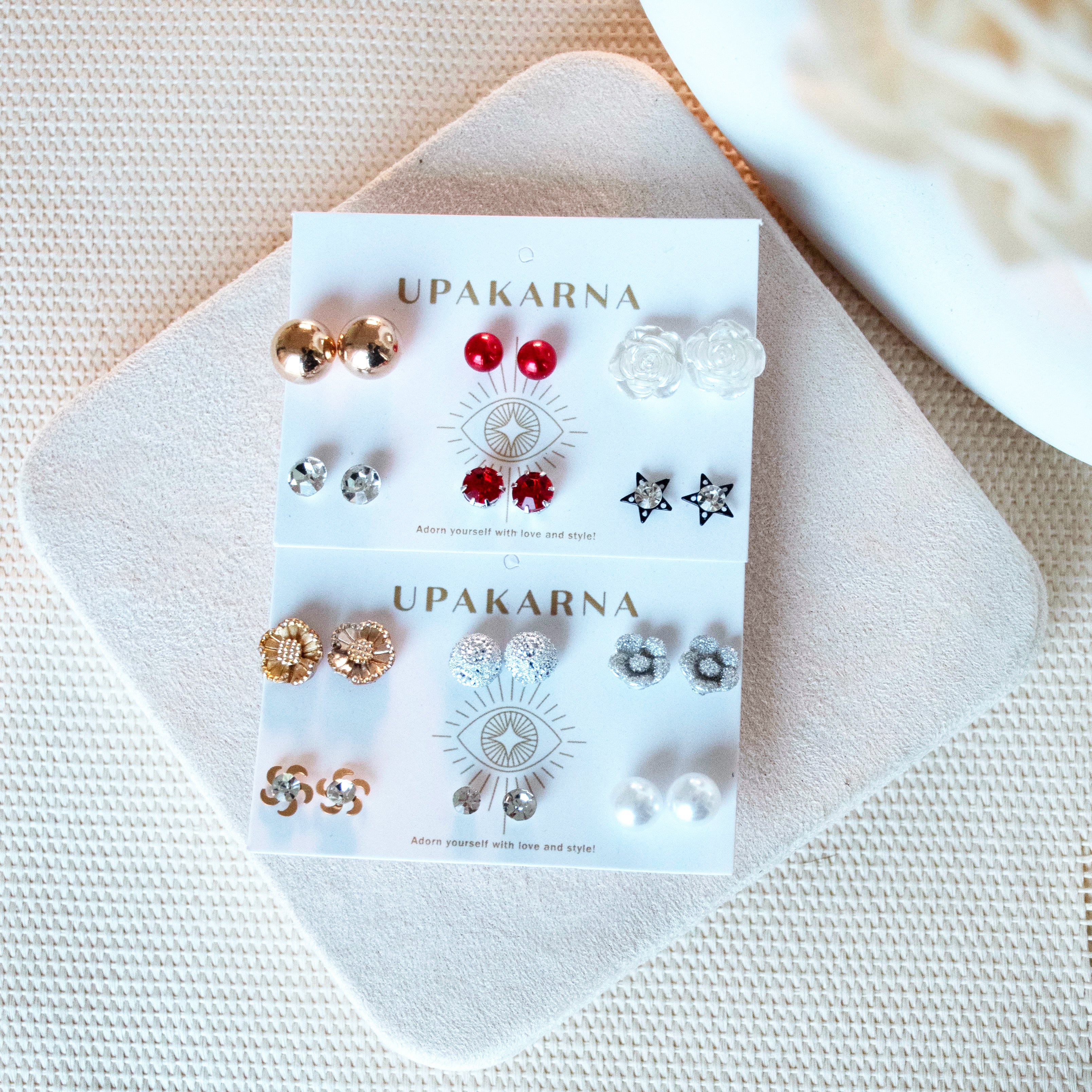 White & Silver Floral Studs Set Of 12