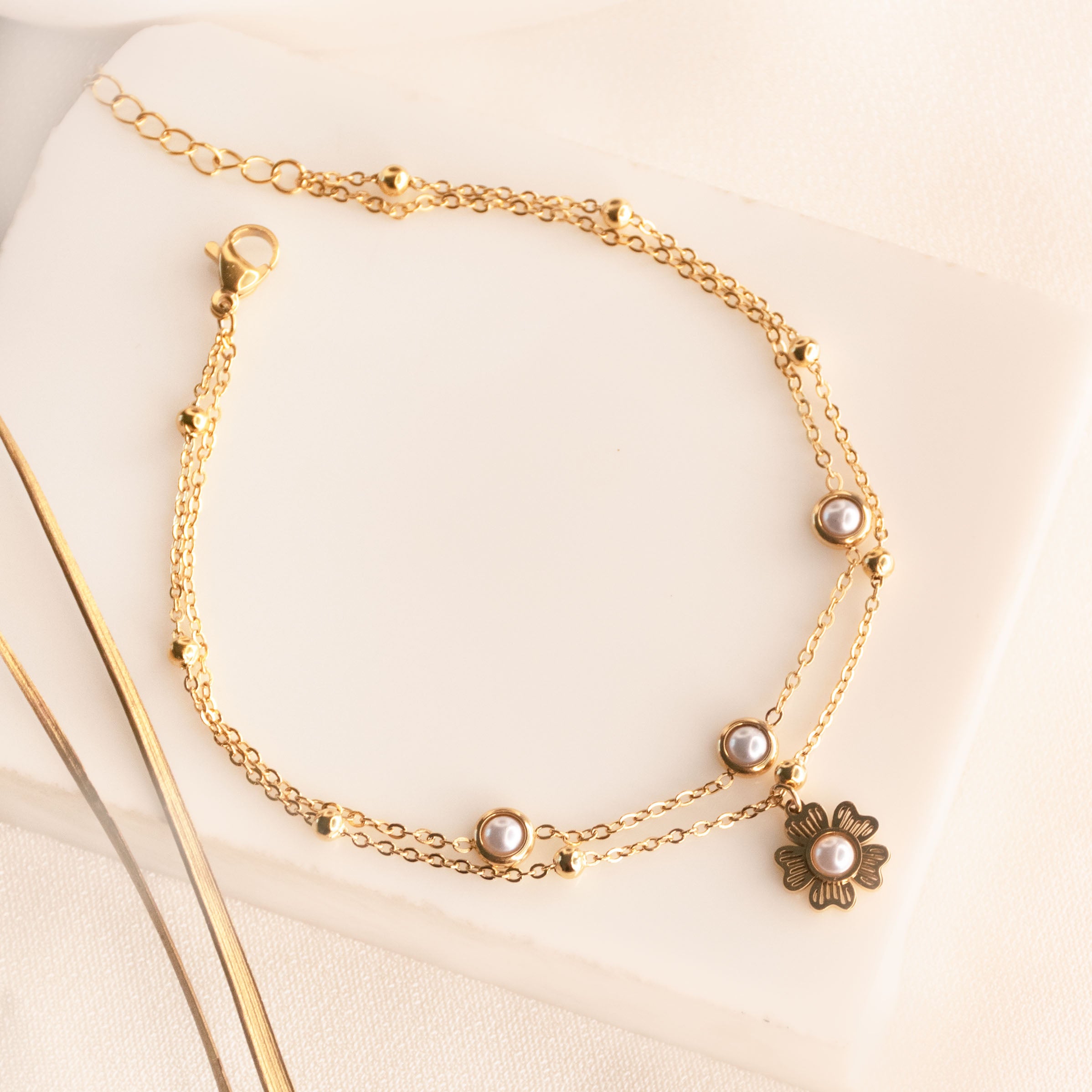 Flower Pearl Layered Anklet
